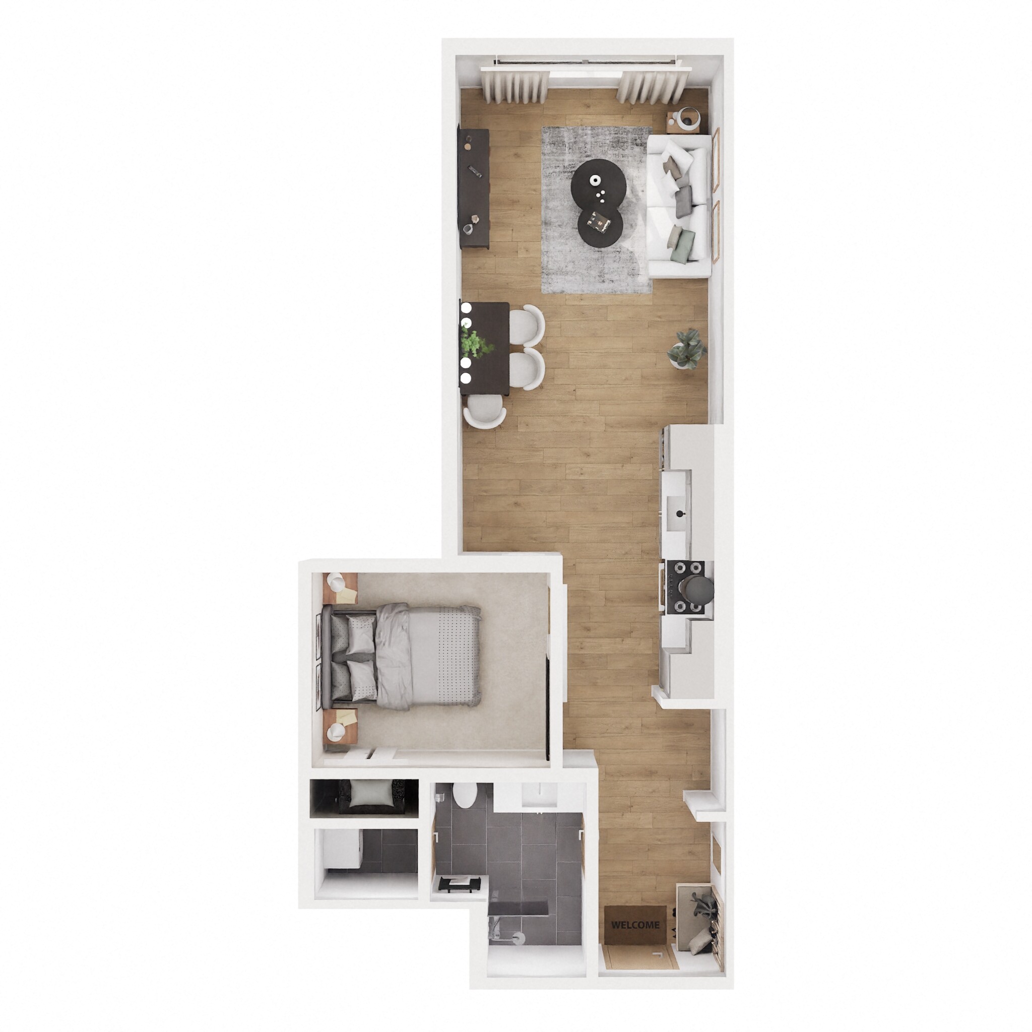 Floor plan for 1 bed, 1 bath, 665 sqft
