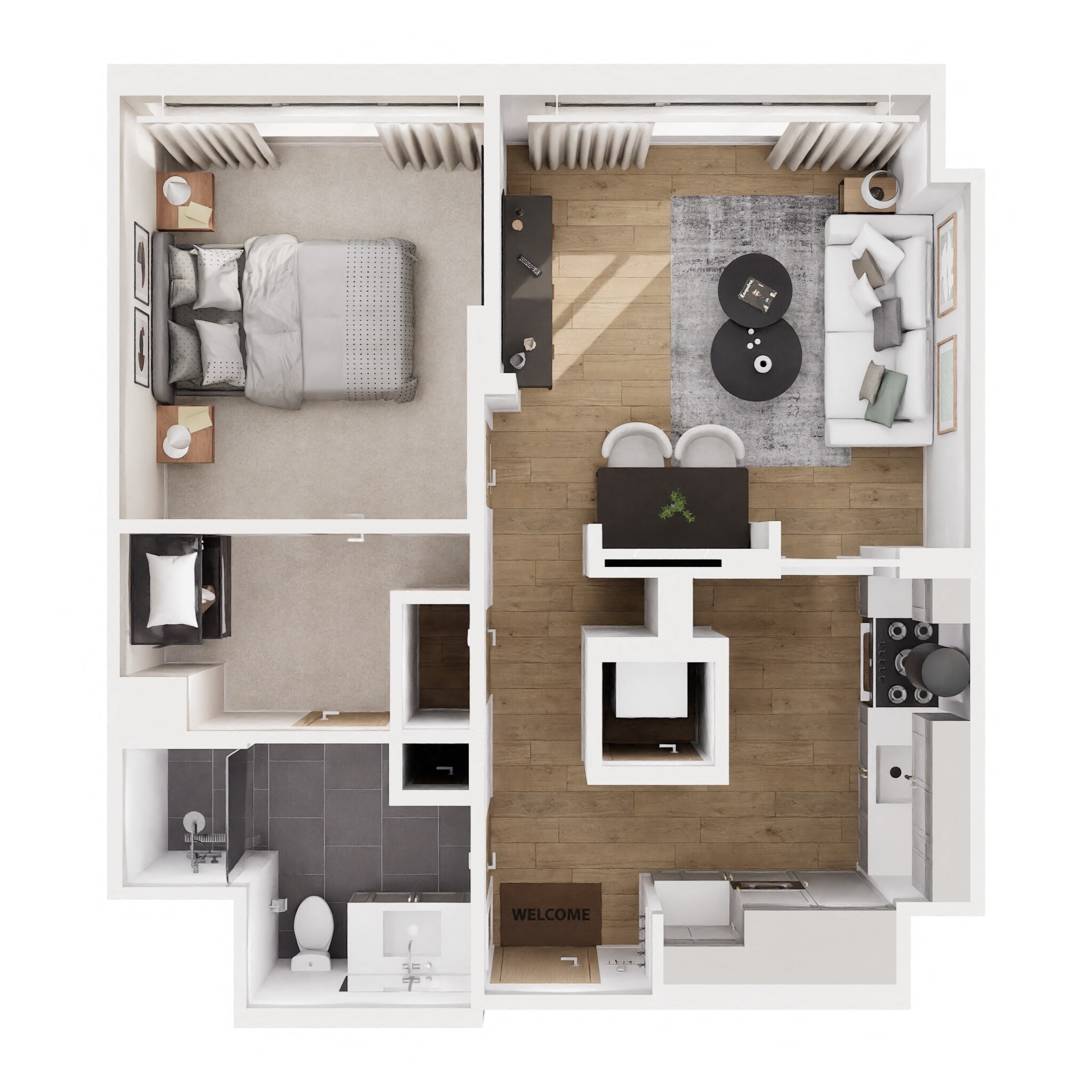 Floor plan for 1 bed, 1 bath, 636 sqft