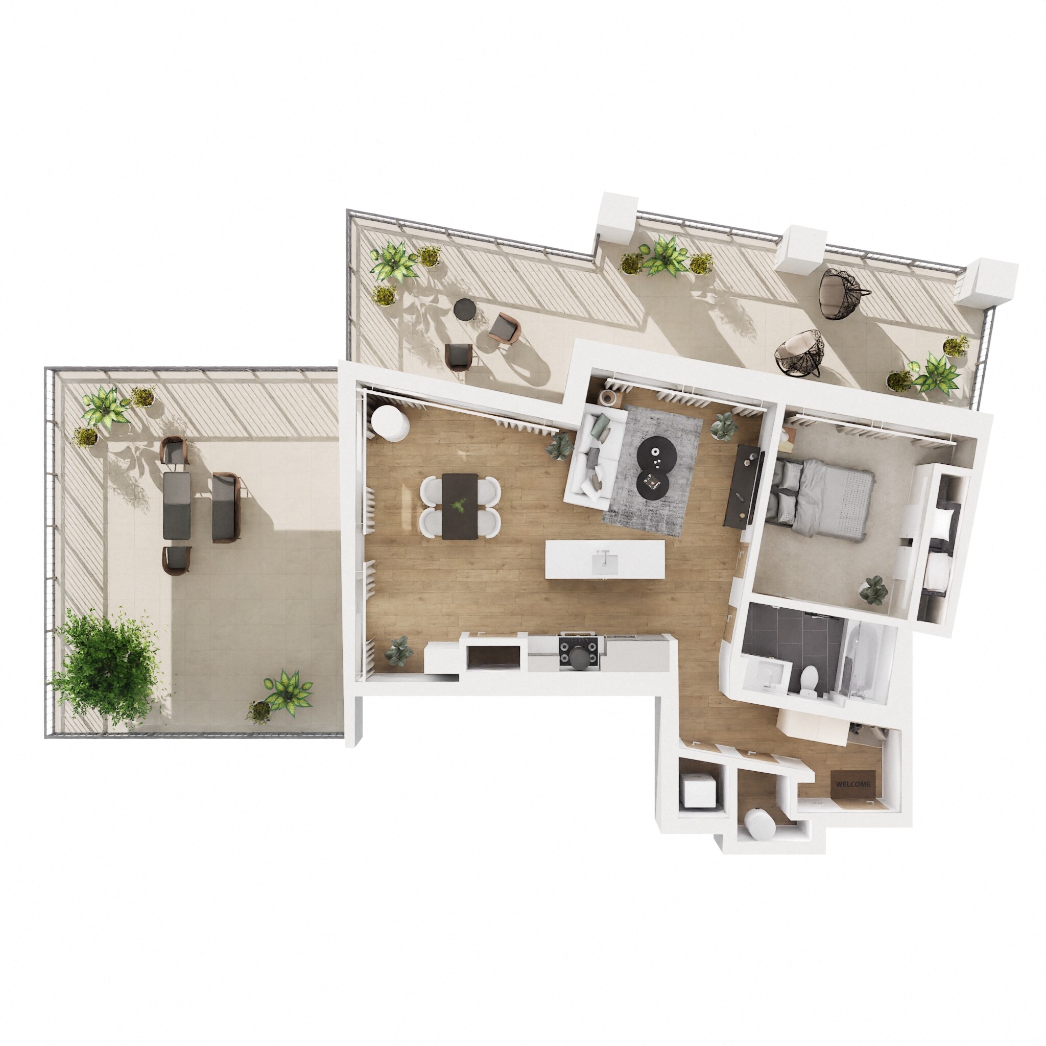 Floor plan for 1 bed, 1 bath, 858 sqft