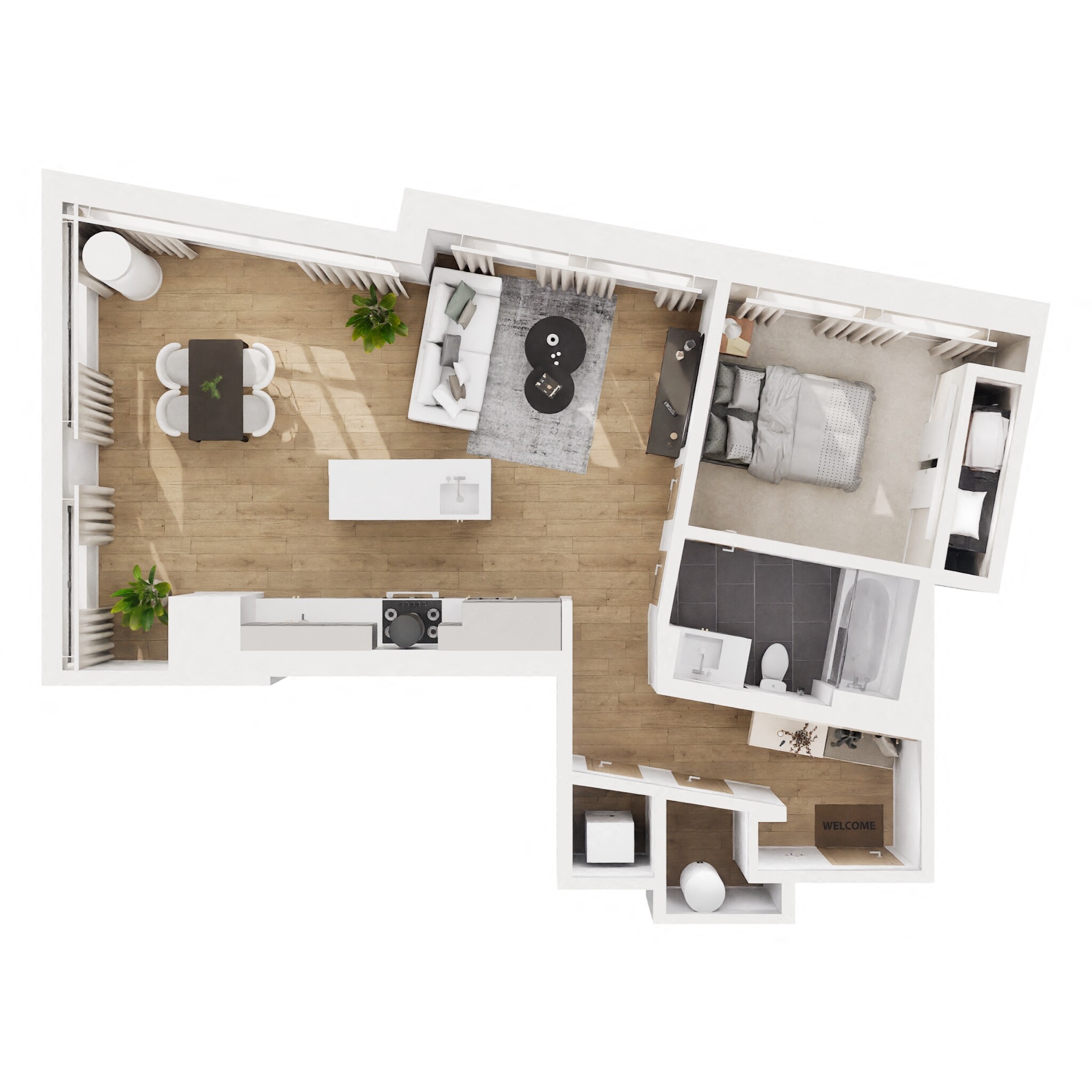 Floor plan for 1 bed, 1 bath, 807 sqft
