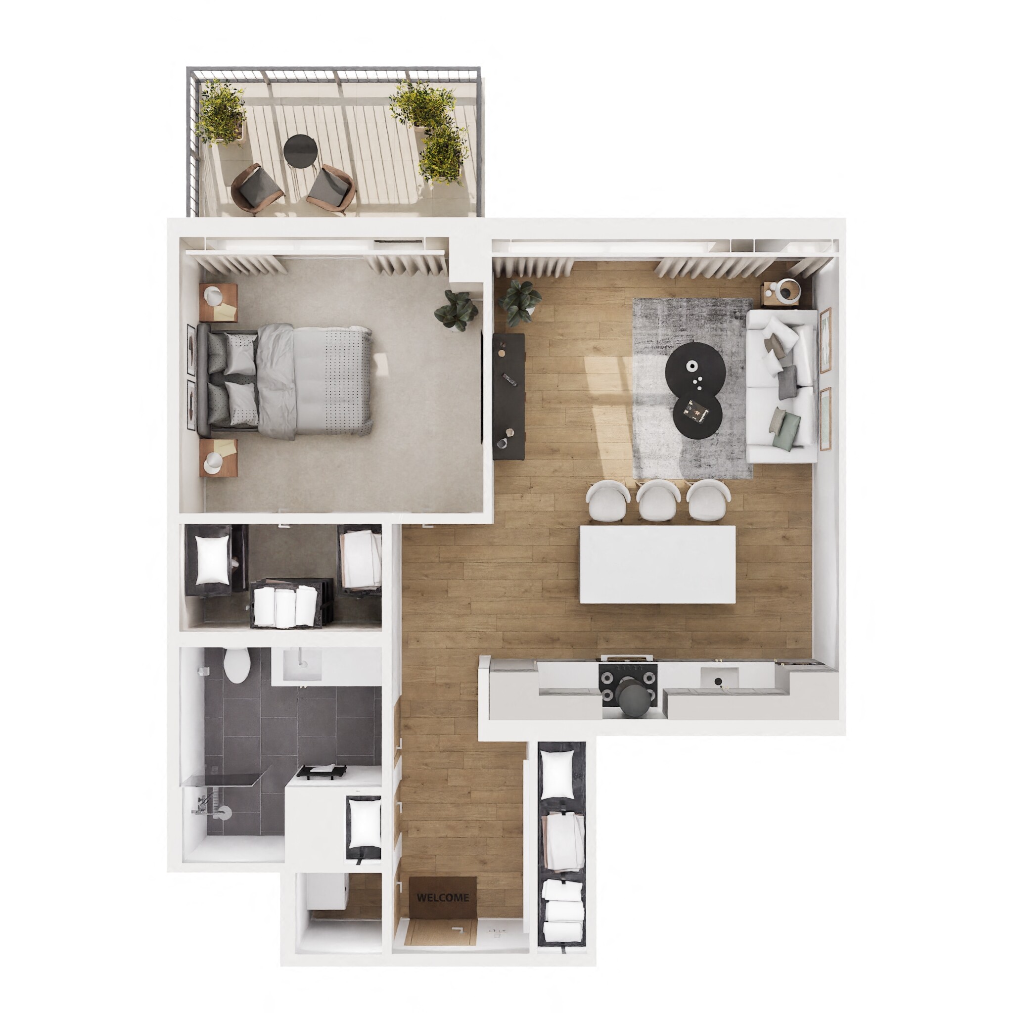 Floor plan for 1 bed, 1 bath, 714 sqft