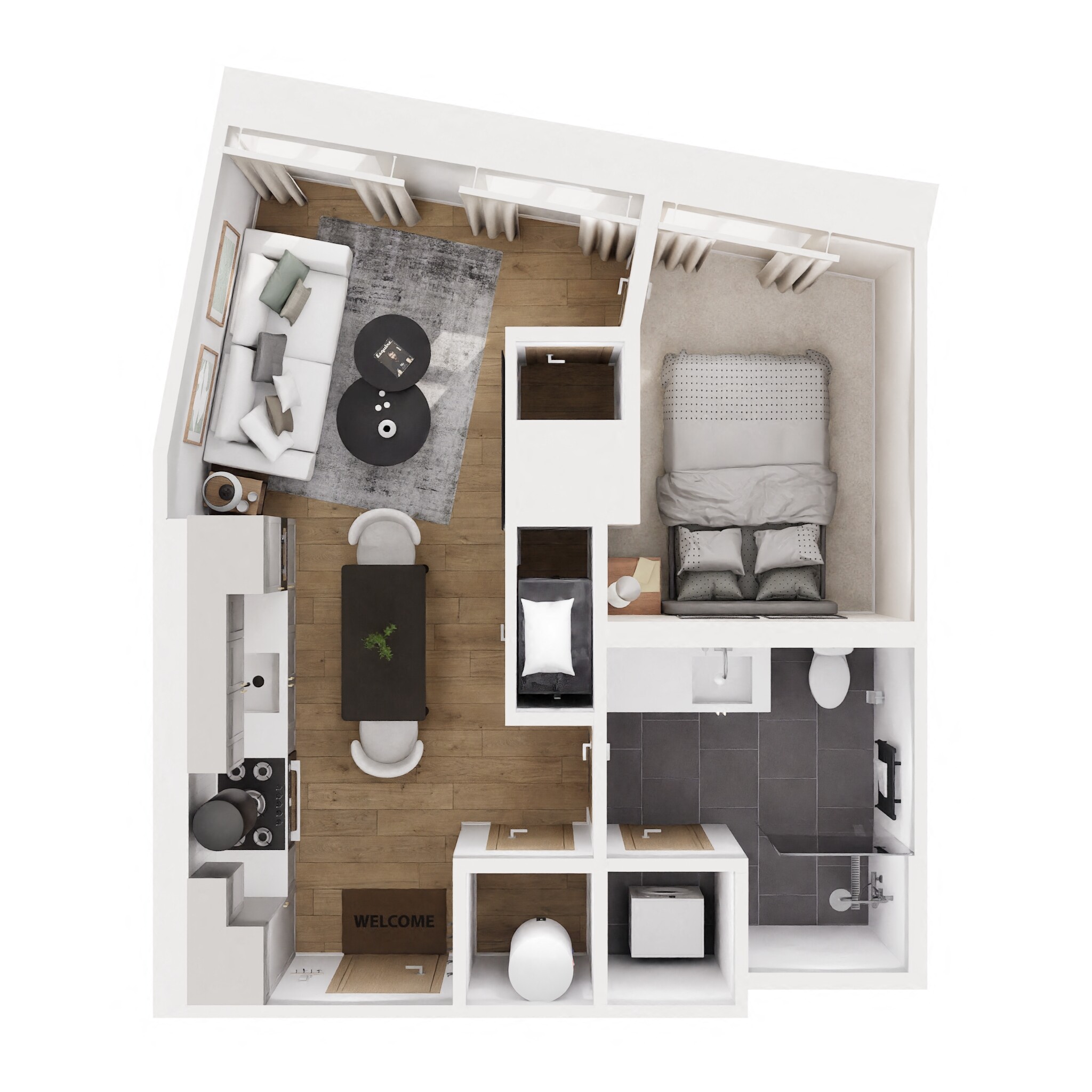 Floor plan for 1 bed, 1 bath, 463 sqft