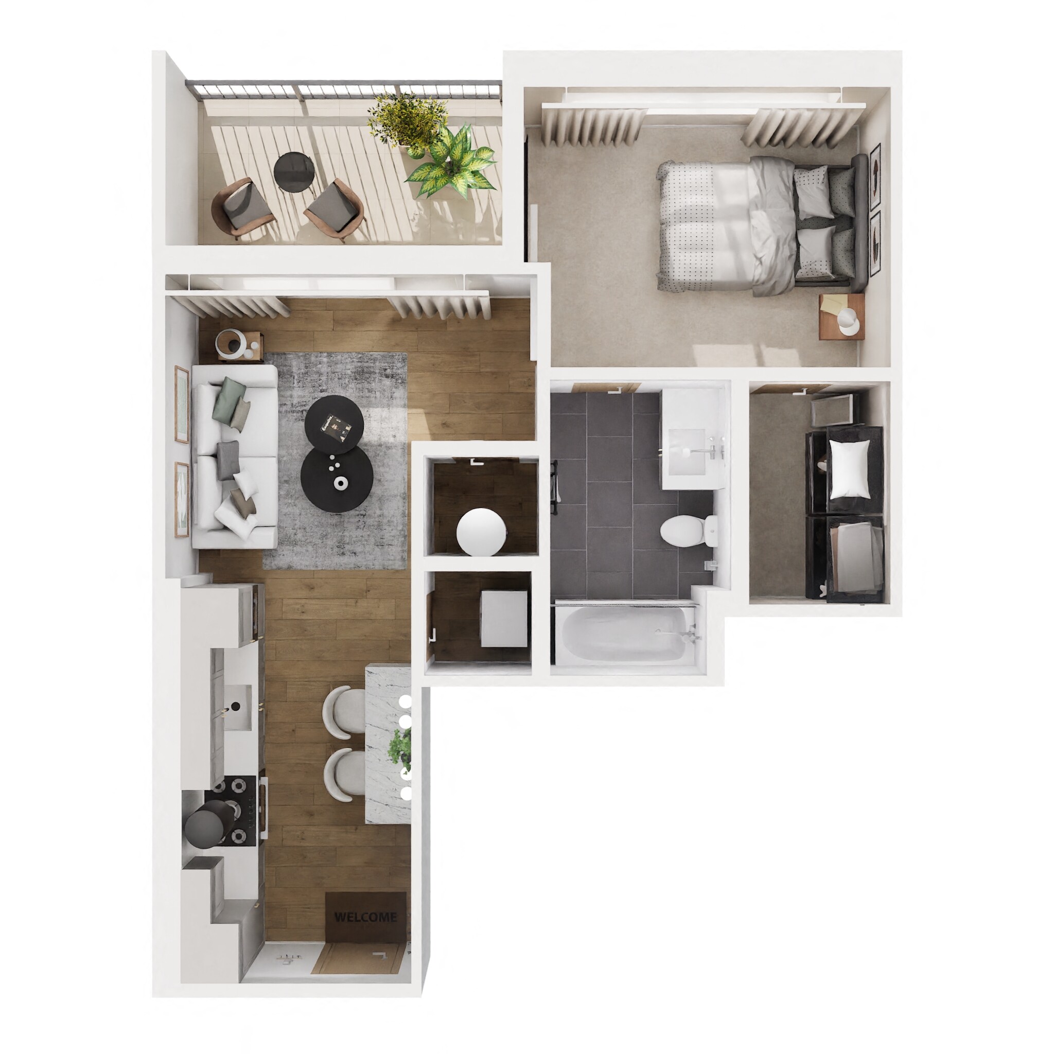 Floor plan for 1 bed, 1 bath, 486 sqft