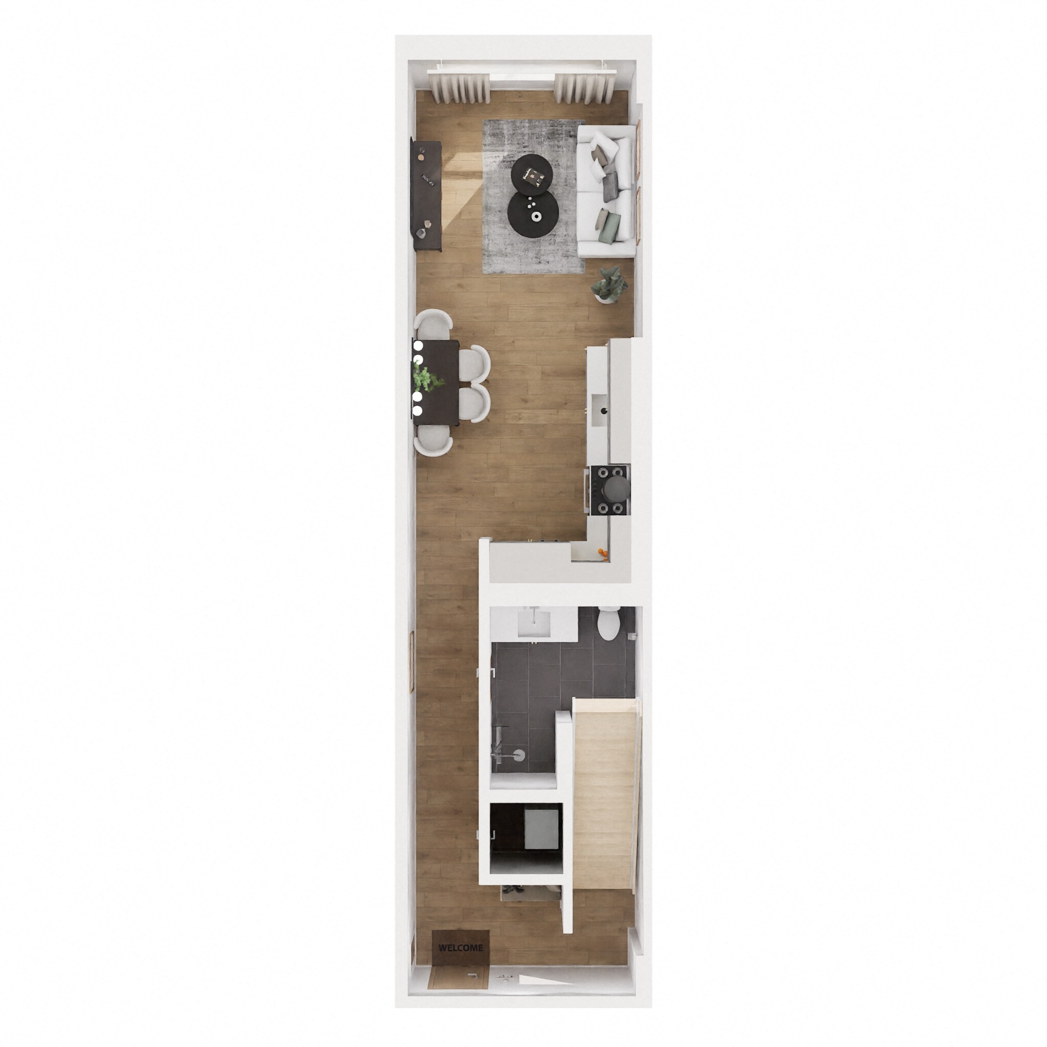 Floor plan for 1 bed, 1.5 baths, 752 sqft
