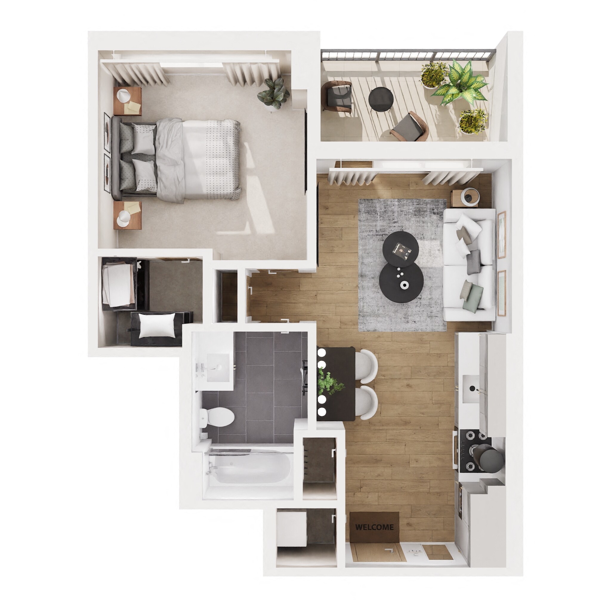 Floor plan for 1 bed, 1 bath, 571 sqft