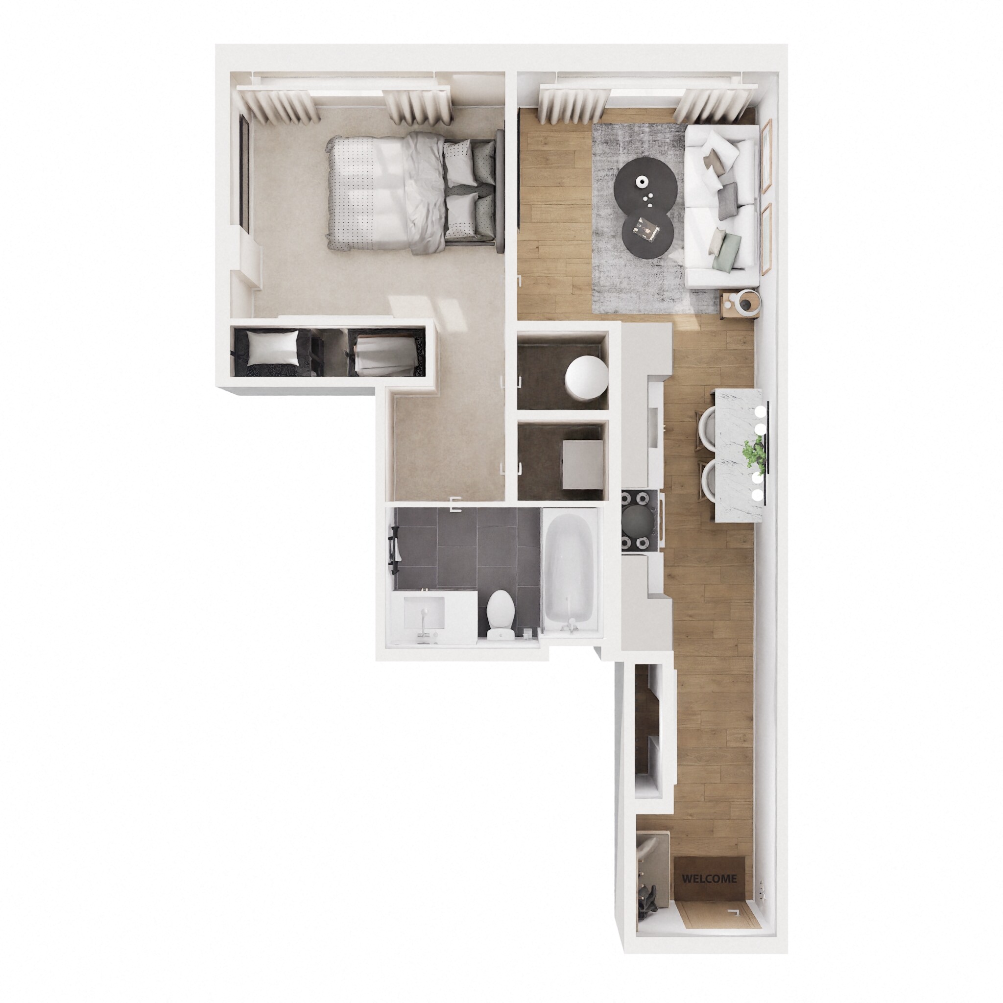 Floor plan for 1 bed, 1 bath, 616 sqft
