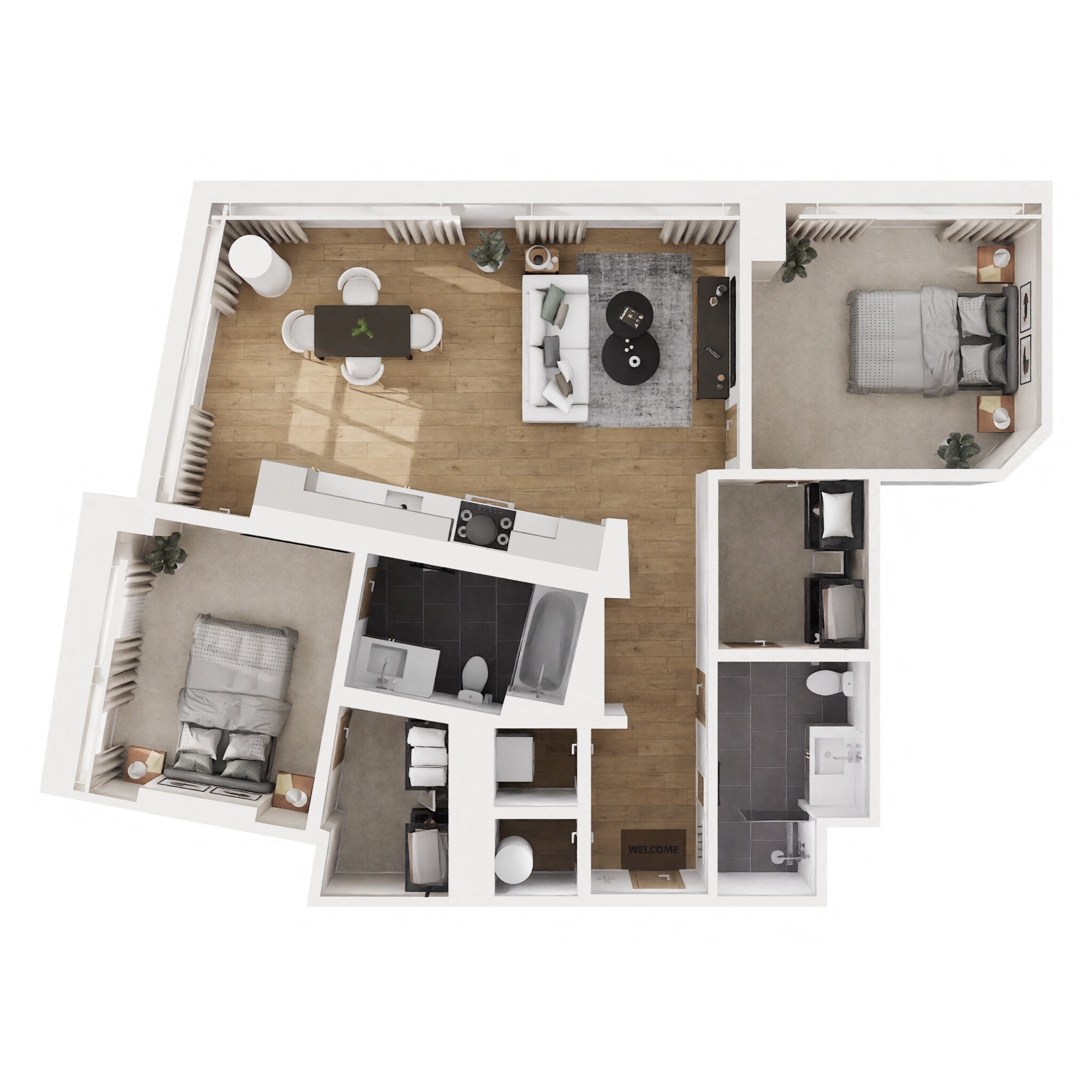 Floor plan for 2 beds, 2 baths, 997 sqft
