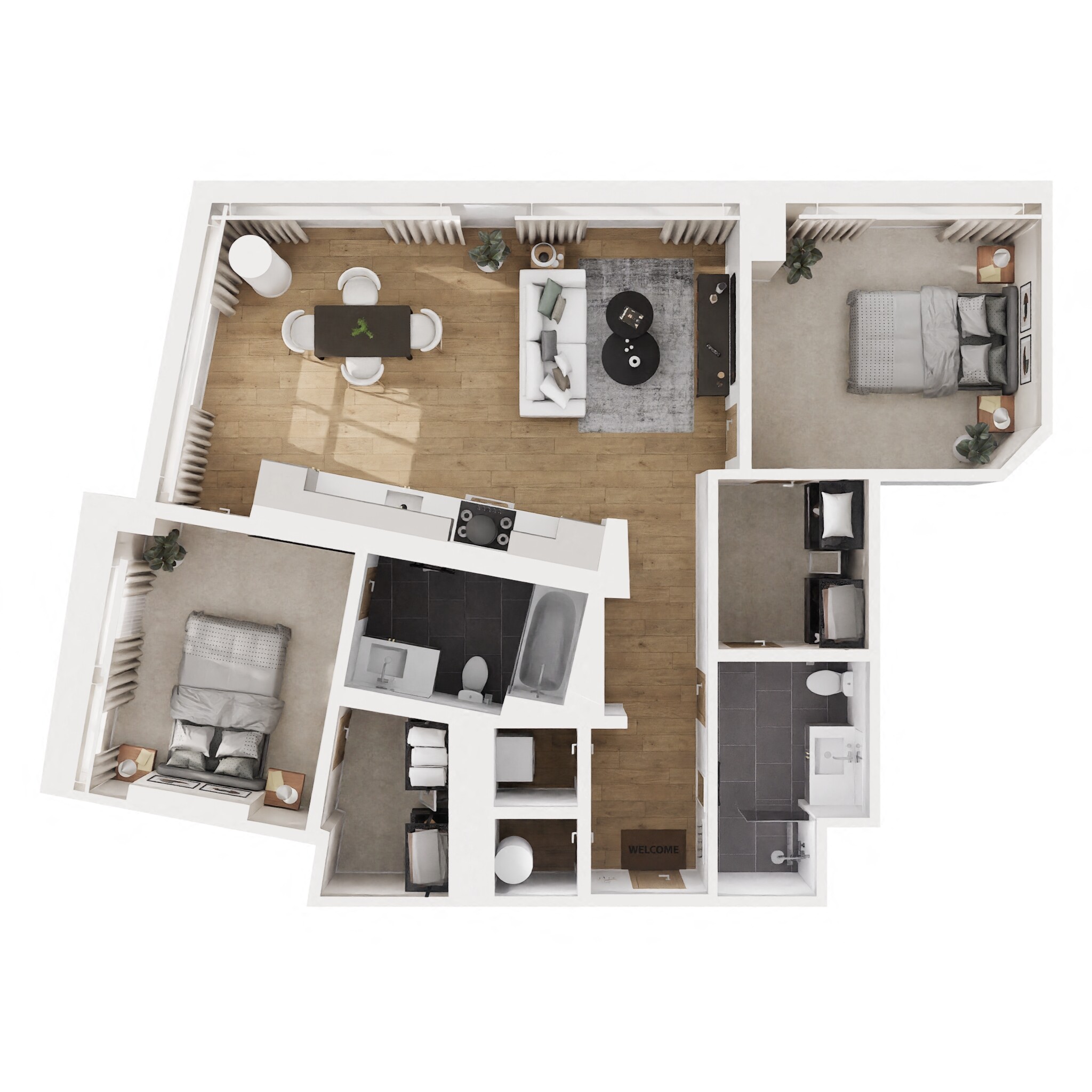 Floor plan for 2 beds, 2 baths, 983 sqft