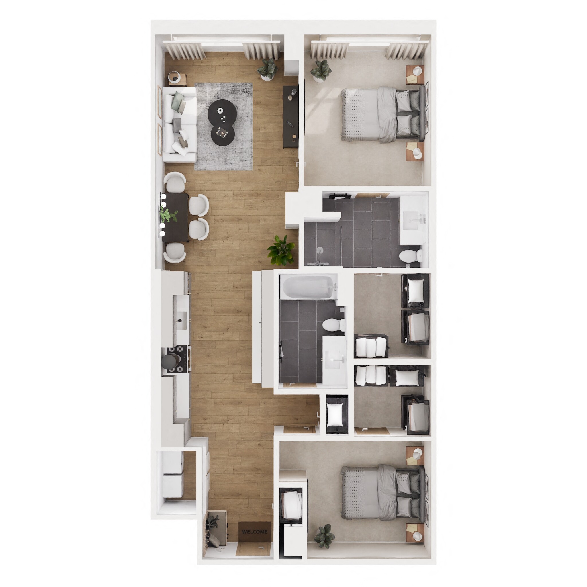 Floor plan for 2 beds, 2 baths, 1085 sqft