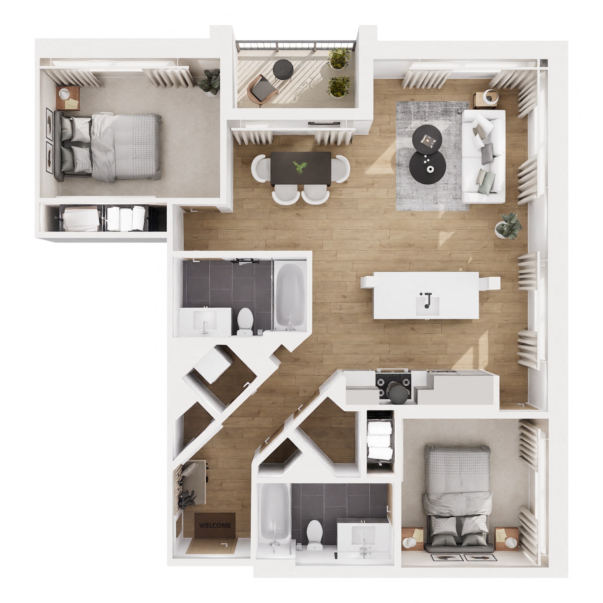 Floor plan for 2 beds, 2 baths, 1160 sqft