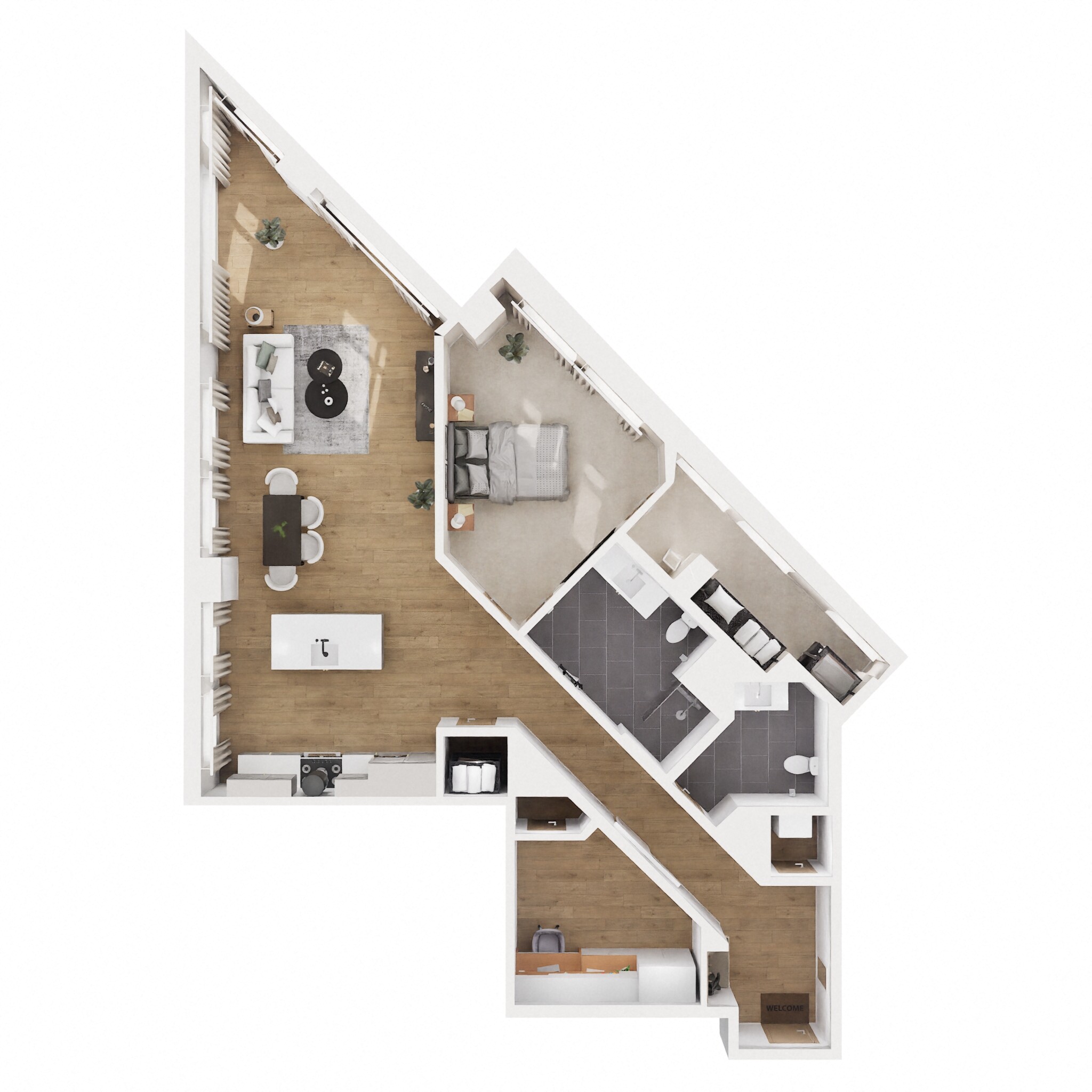 Floor plan for 1 bed, 2 baths, 1165 sqft