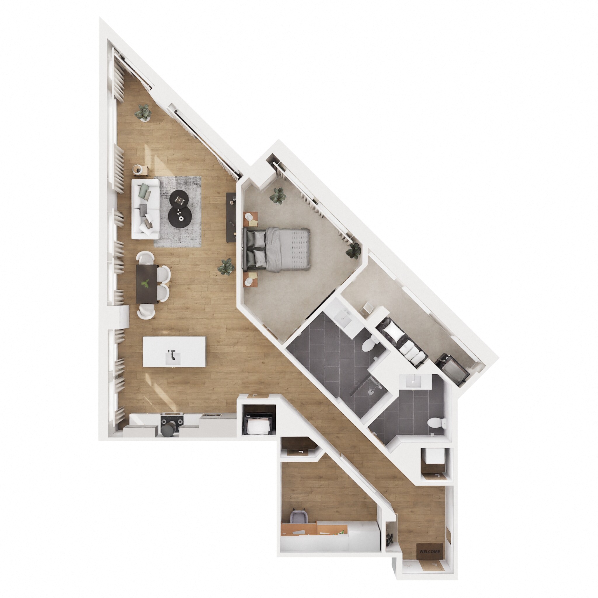 Floor plan for 1 bed, 2 baths, 1227 sqft