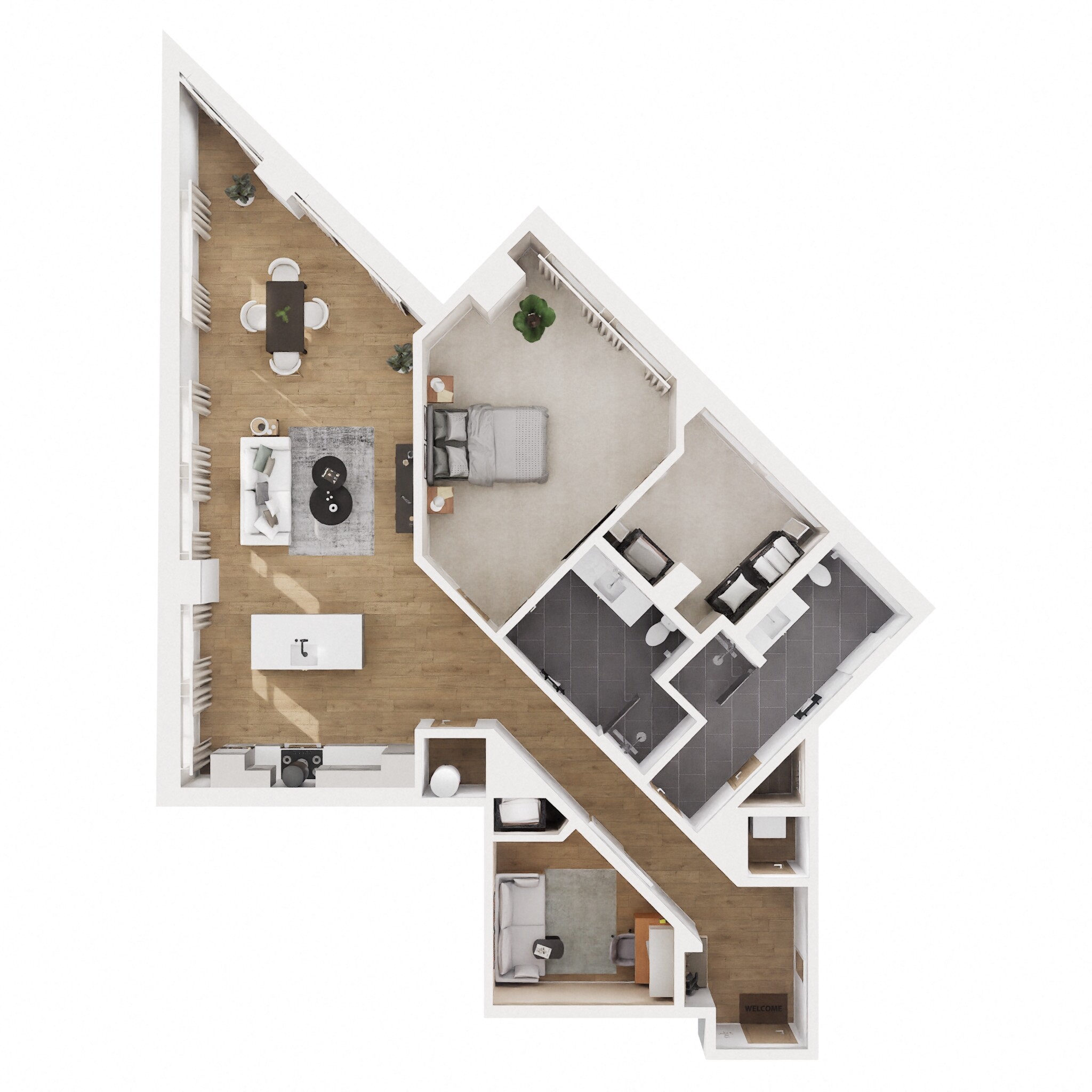 Floor plan for 1 bed, 2 baths, 1289 sqft
