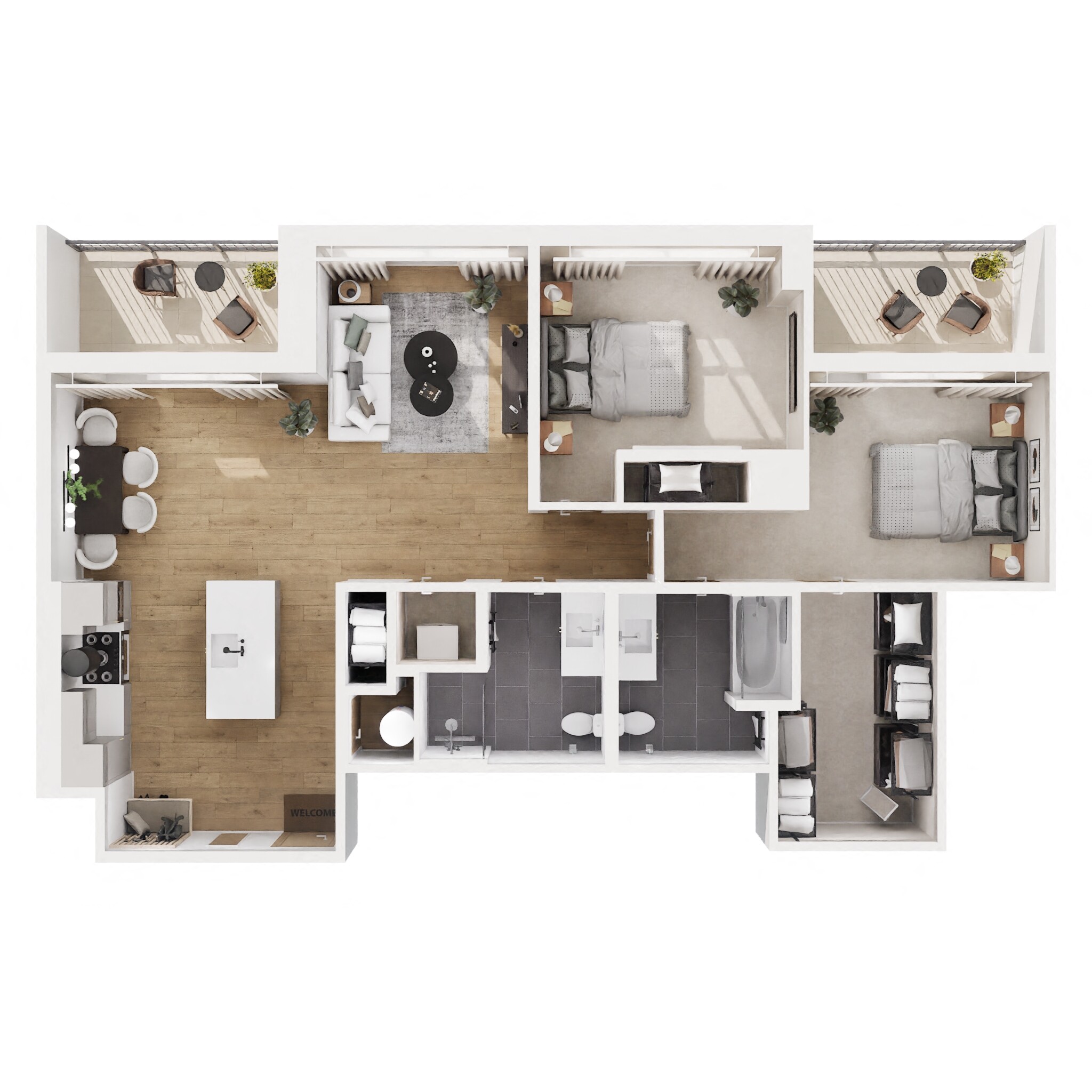 Floor plan for 2 beds, 2 baths, 1116 sqft