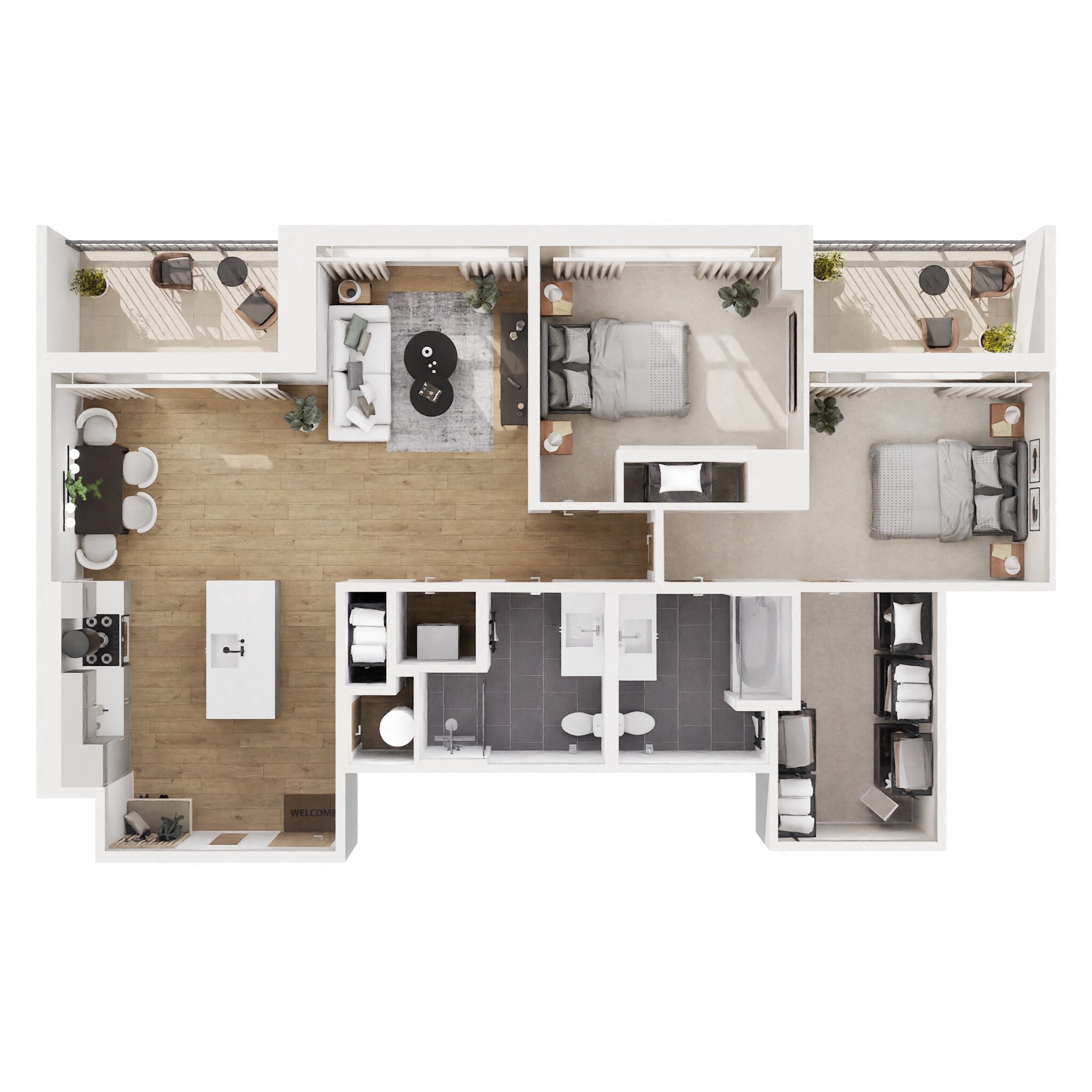 Floor plan for 2 beds, 2 baths, 1114 sqft