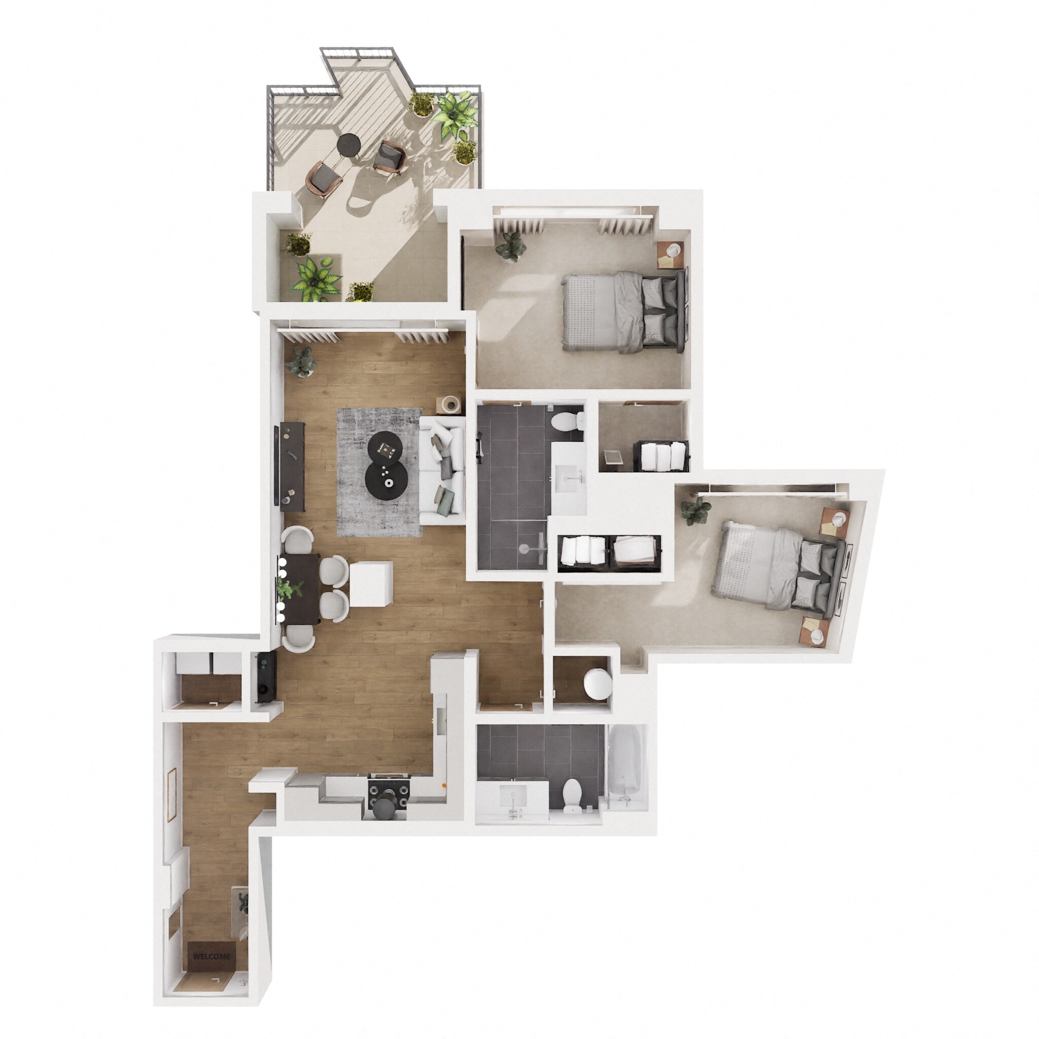 Floor plan for 2 beds, 2 baths, 1002 sqft