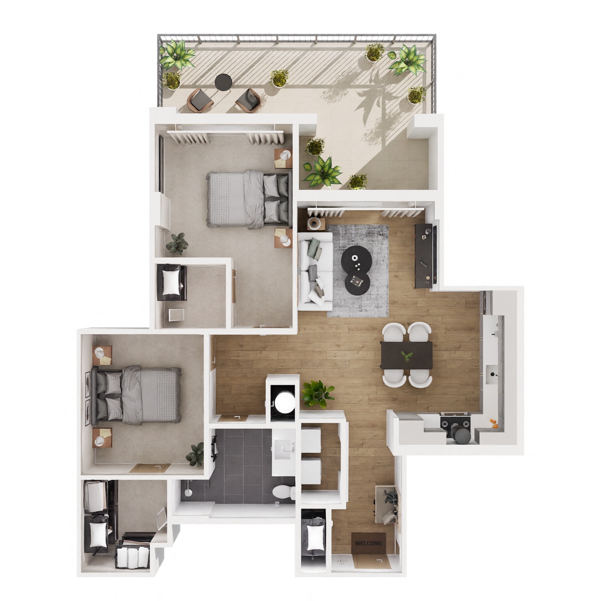 Floor plan for 2 beds, 1 bath, 988 sqft