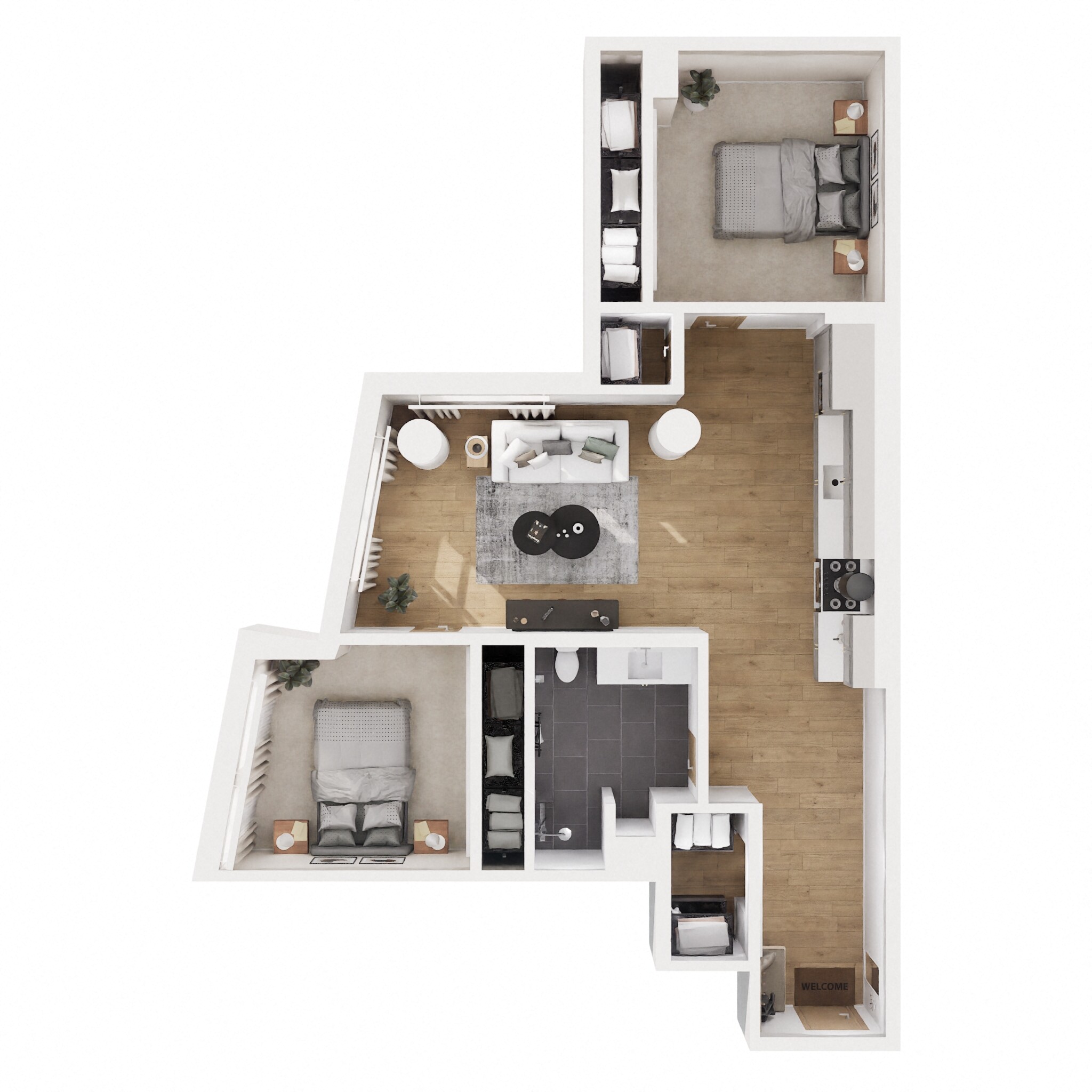 Floor plan for 2 beds, 1 bath, 884 sqft