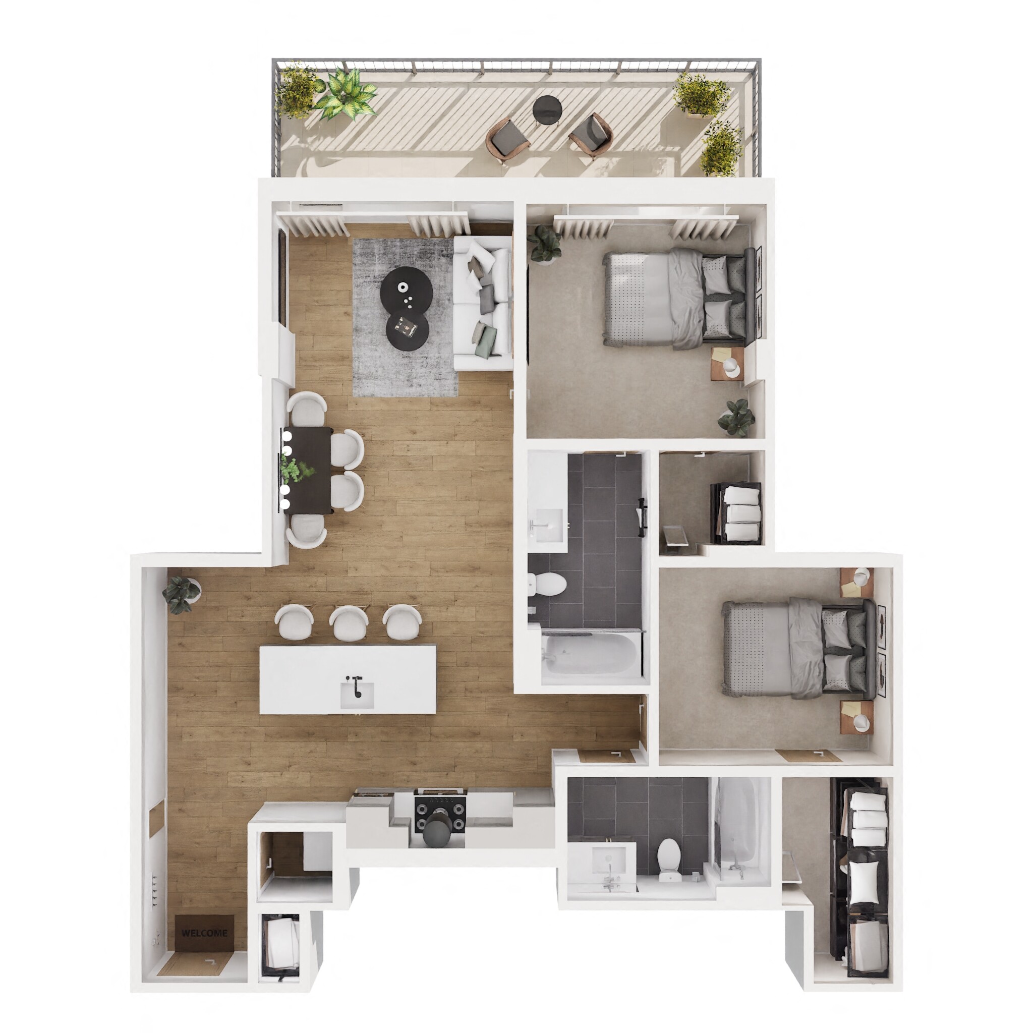 Floor plan for 2 beds, 2 baths, 1080 sqft
