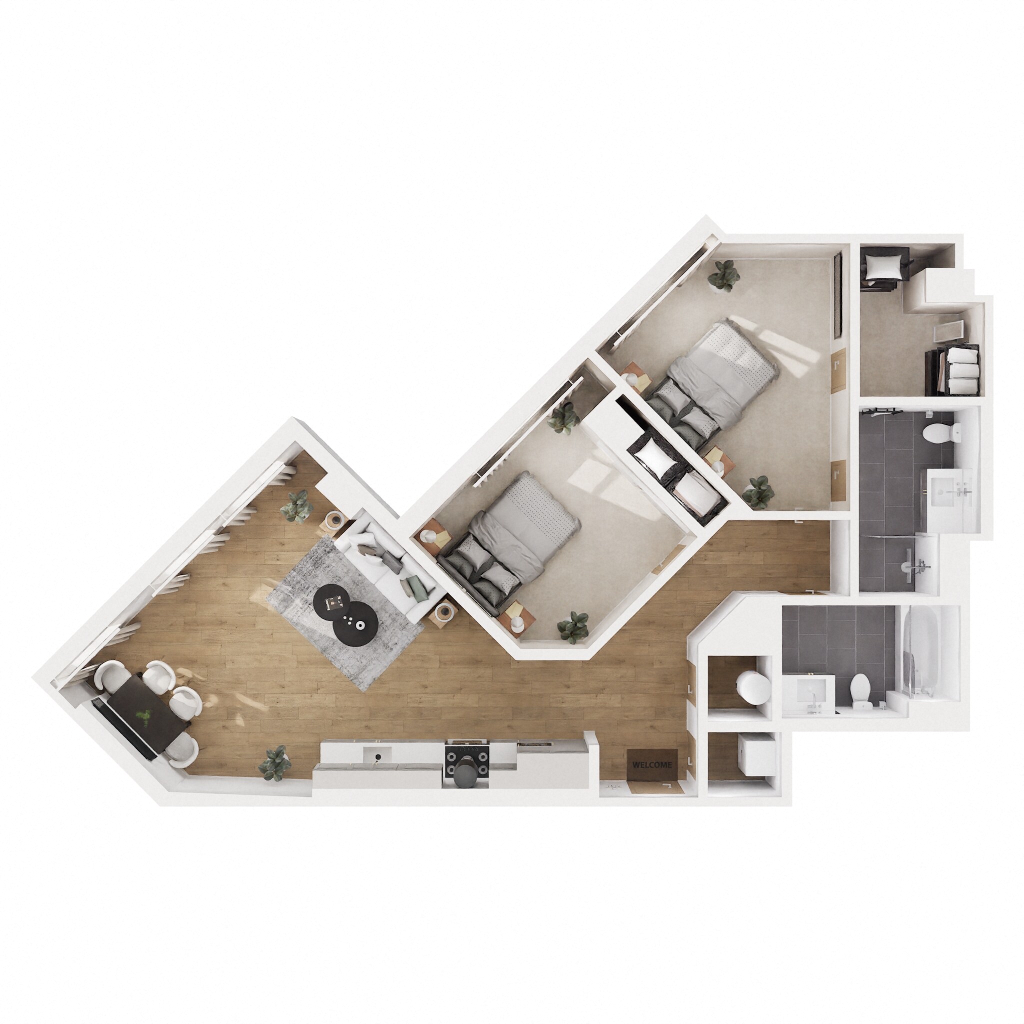 Floor plan for 2 beds, 2 baths, 950 sqft