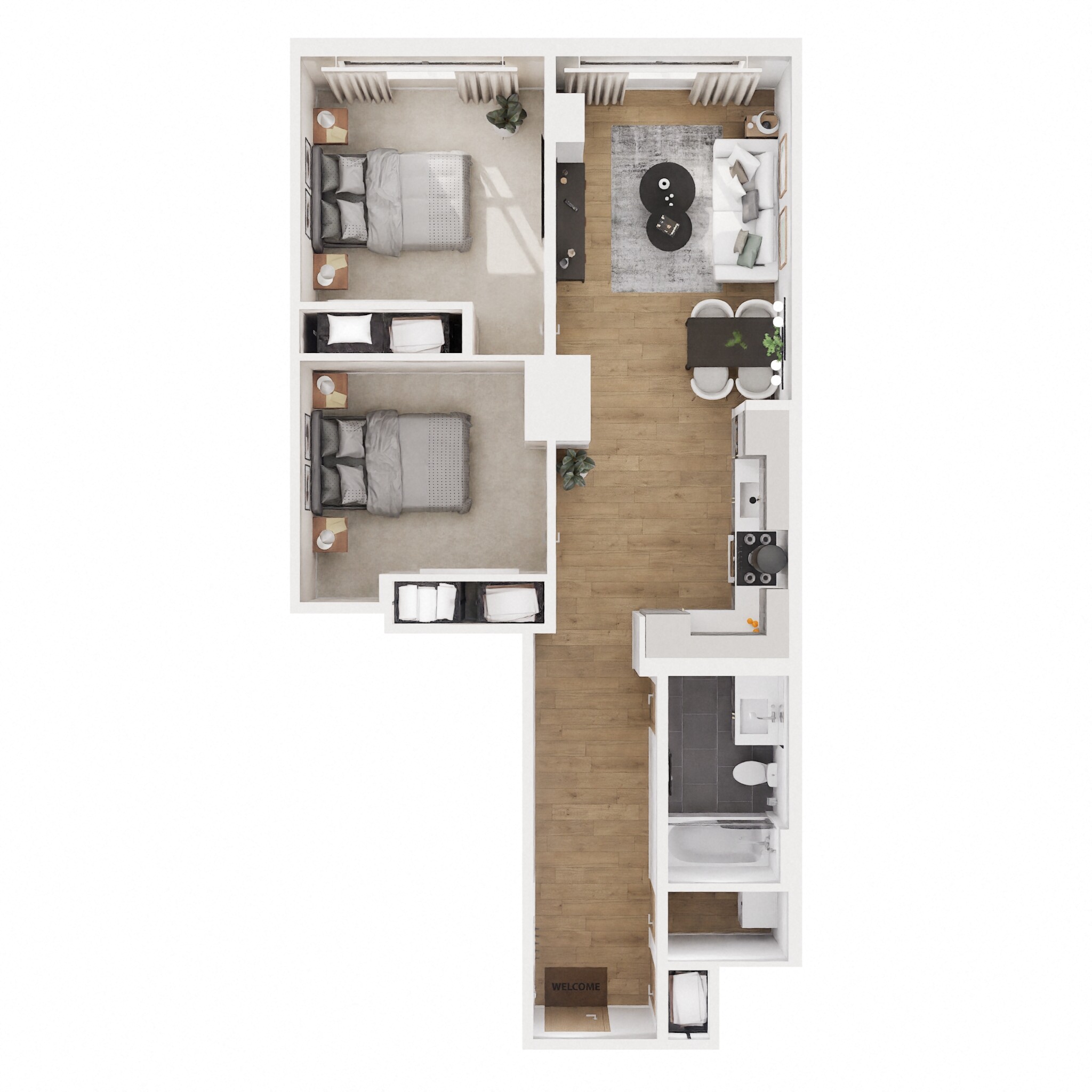 Floor plan for 2 beds, 1 bath, 915 sqft
