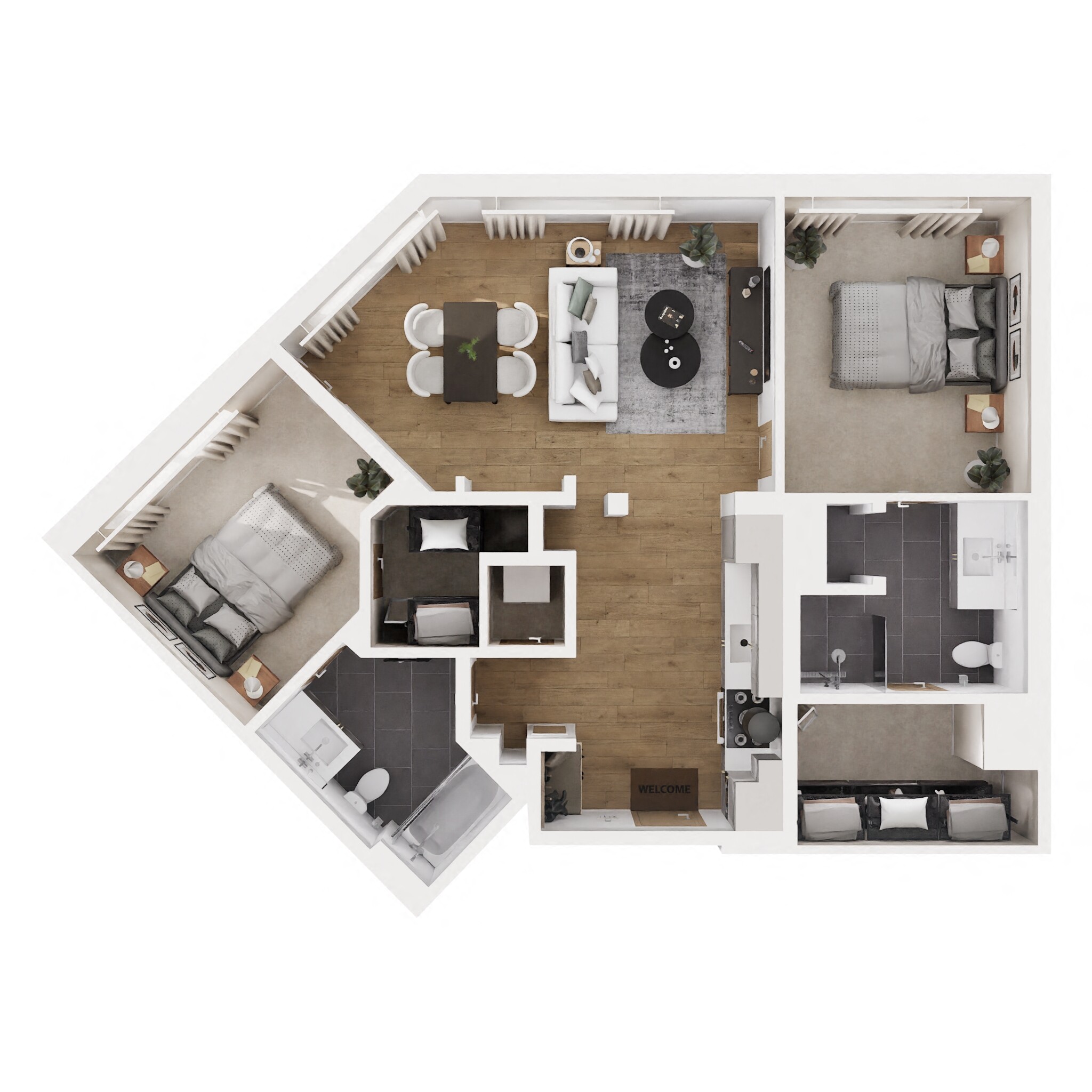 Floor plan for 2 beds, 2 baths, 965 sqft