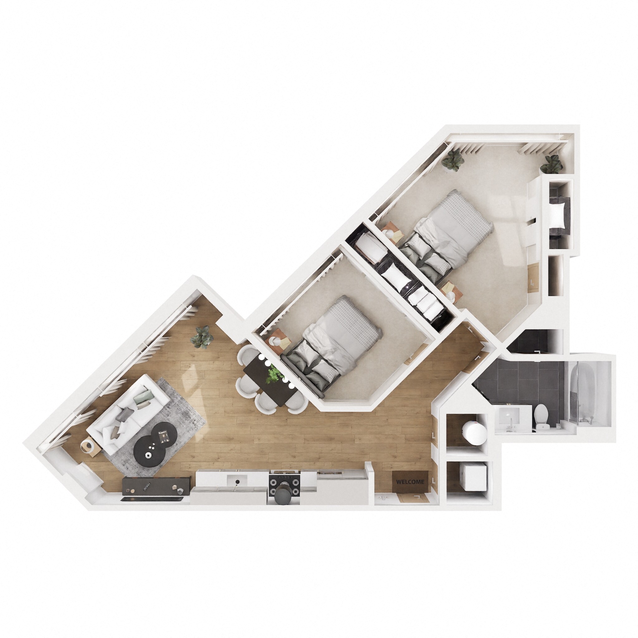Floor plan for 2 beds, 1 bath, 835 sqft