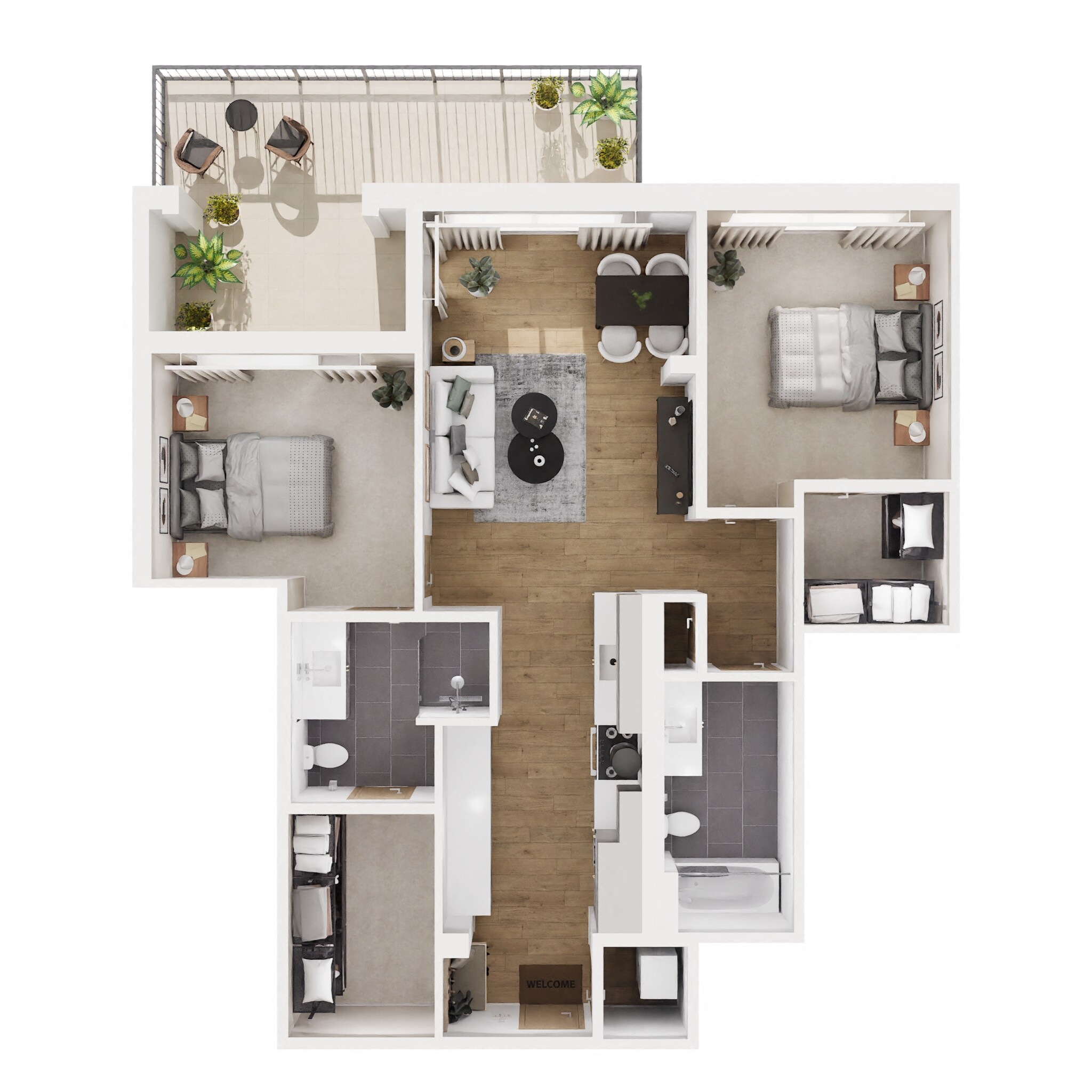 Floor plan for 2 beds, 2 baths, 1038 sqft
