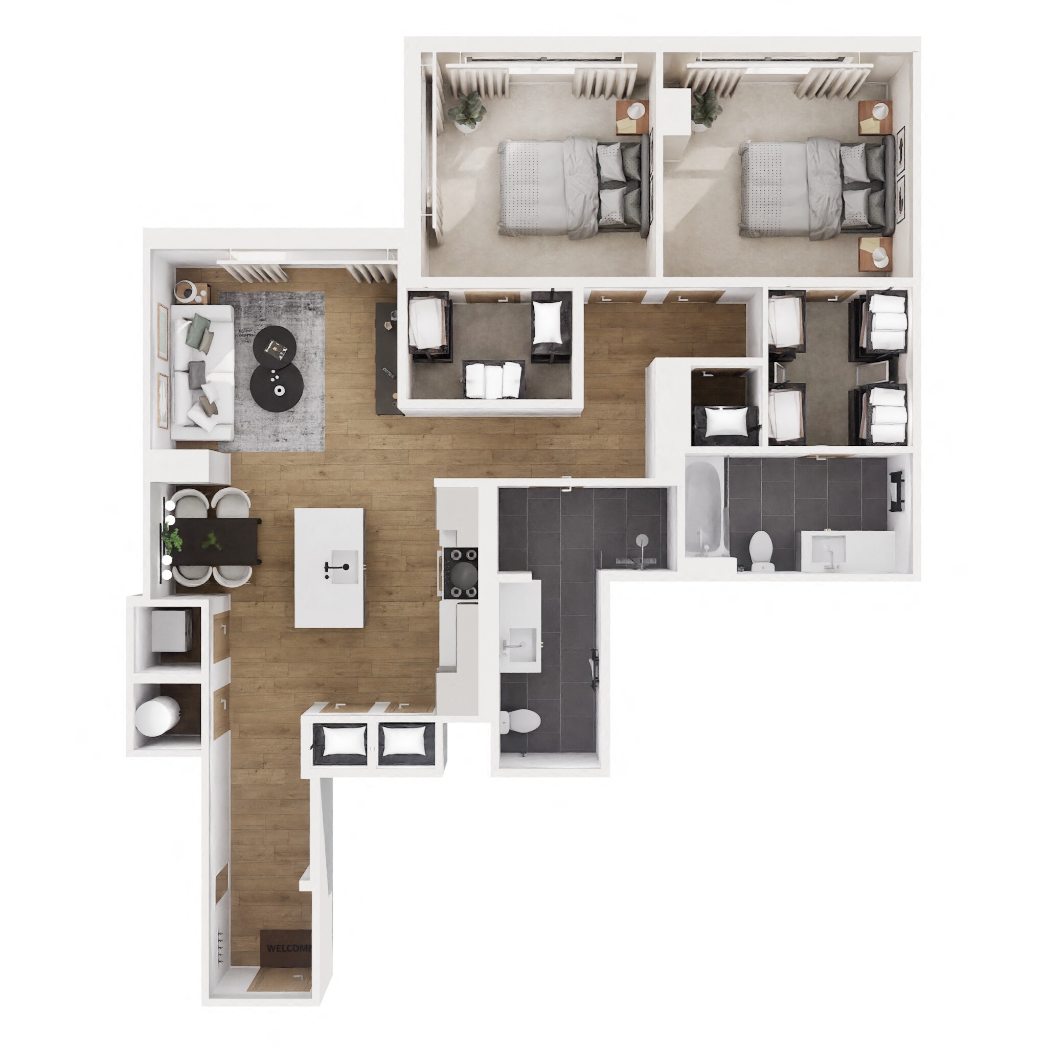 Floor plan for 2 beds, 2 baths, 1173 sqft