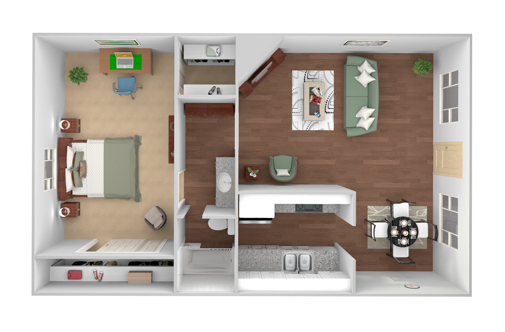 Floor plan for 1 bed, 1 bath, 680 sqft