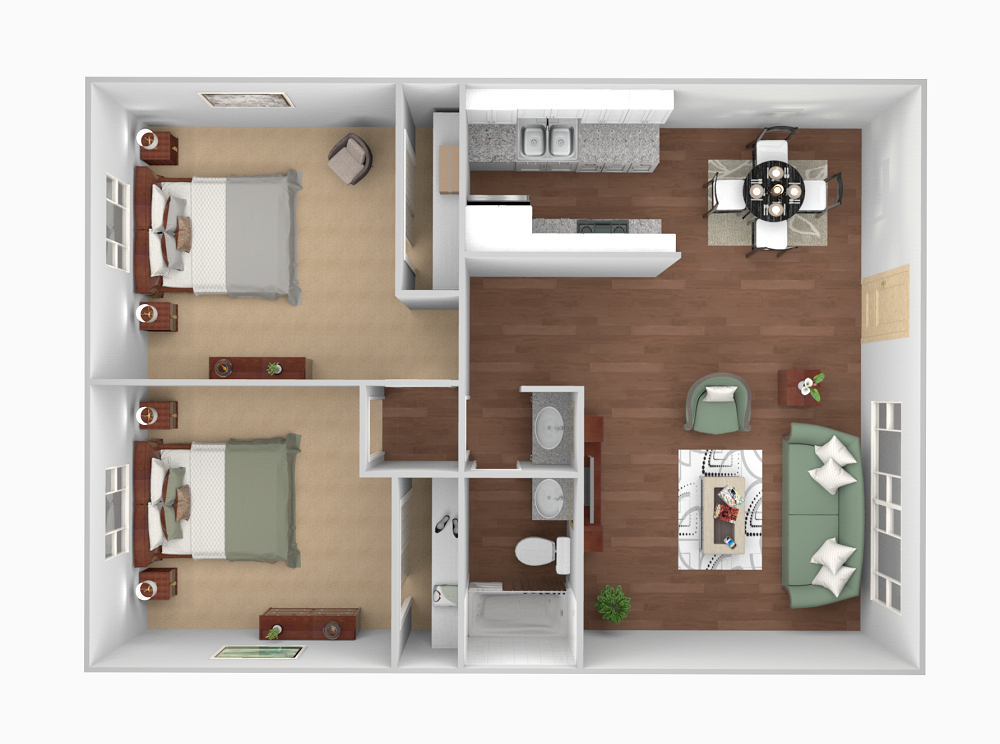 Floor plan for 2 beds, 1 bath, 838 sqft