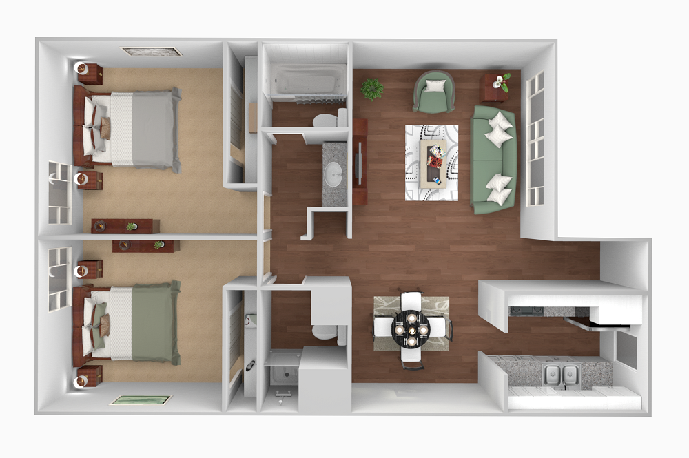 Floor plan for 2 beds, 2 baths, 914 sqft