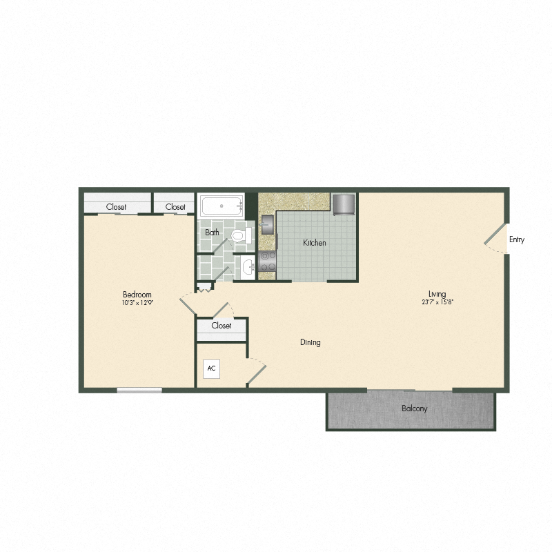 Floor plan for 1 bed, 1 bath, 720 sqft