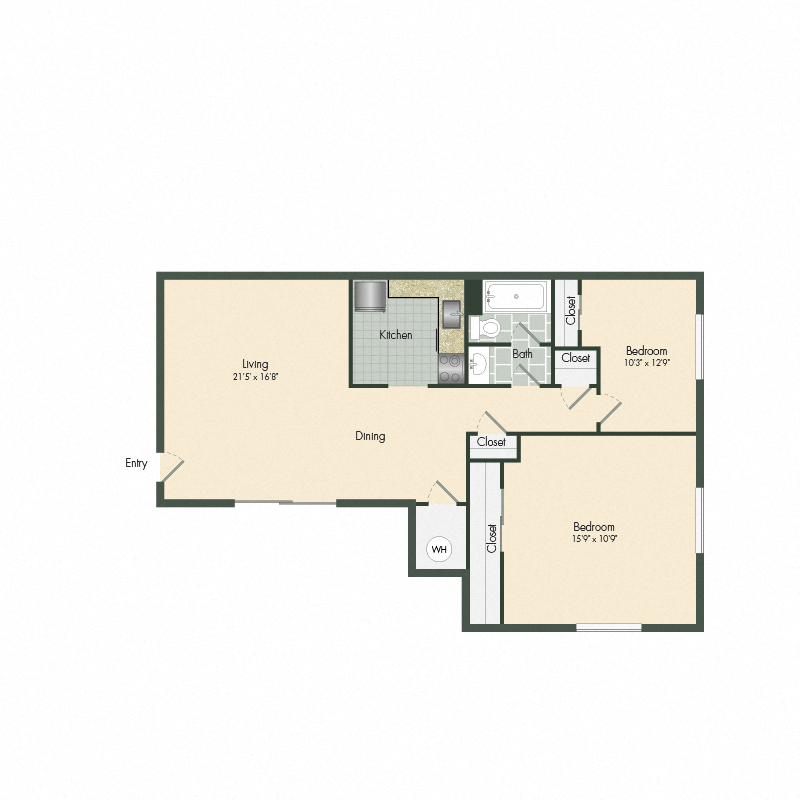 Floor plan for 2 beds, 1 bath, 860 sqft