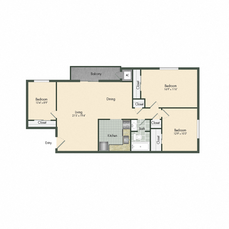 Floor plan for 3 beds, 1 bath, 940 sqft