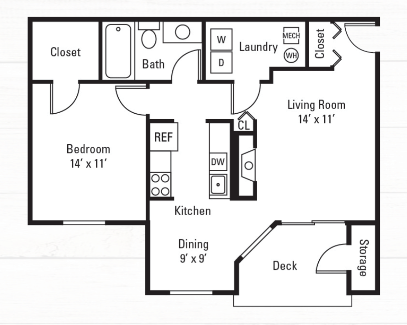 Floor plan for 1 bed, 1 bath, 730 sqft