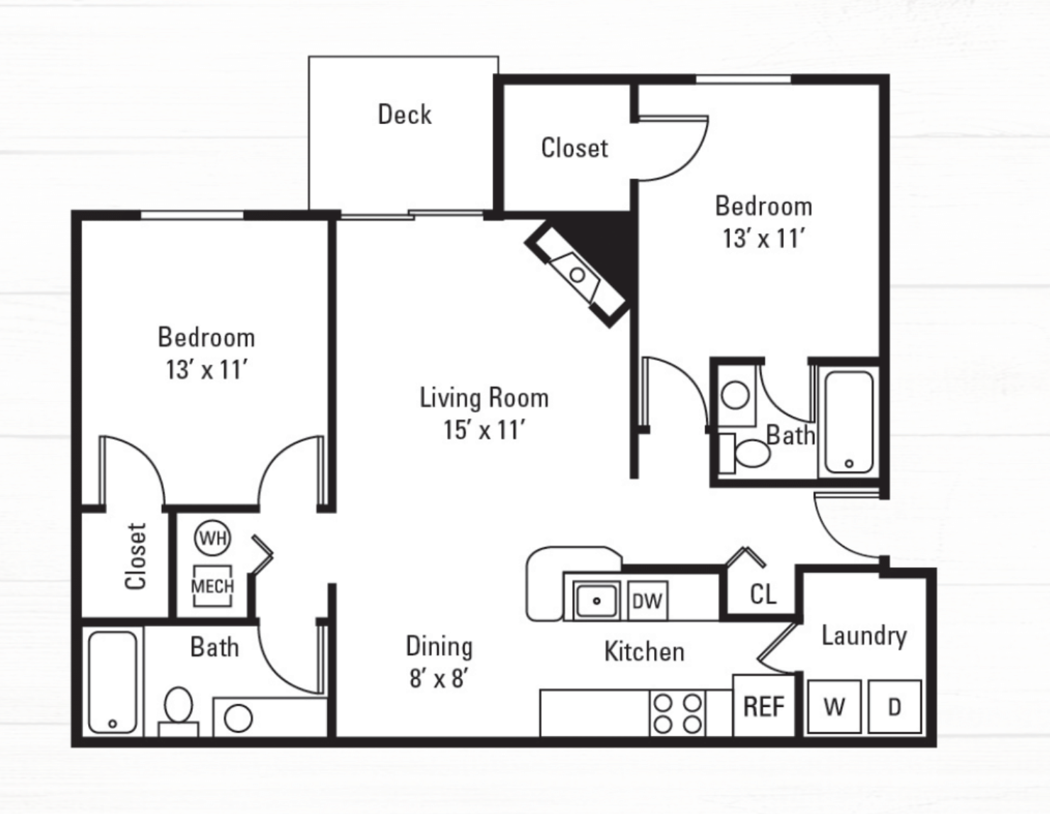Floor plan for 2 beds, 2 baths, 1074 sqft