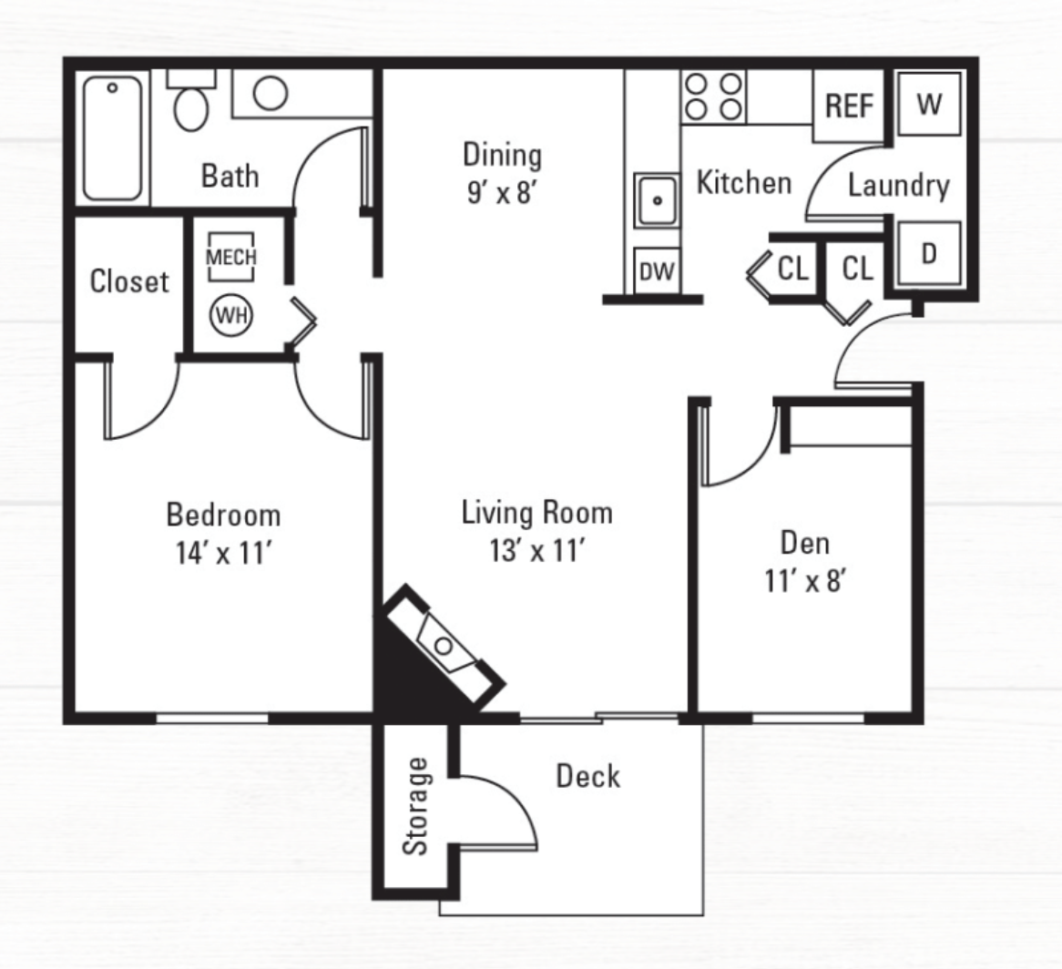 Floor plan for 1 bed, 1 bath, 890 sqft