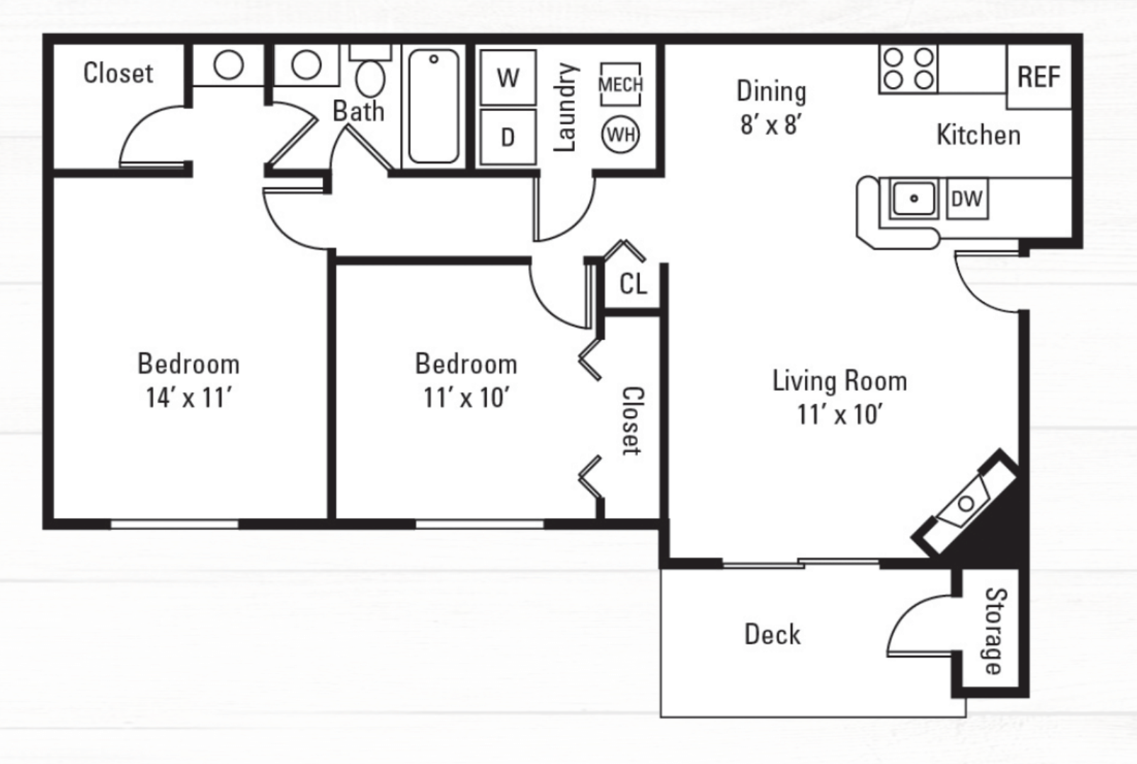 Floor plan for 2 beds, 1 bath, 895 sqft