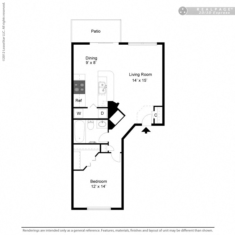 Floor plan for 1 bed, 1 bath, 771 sqft