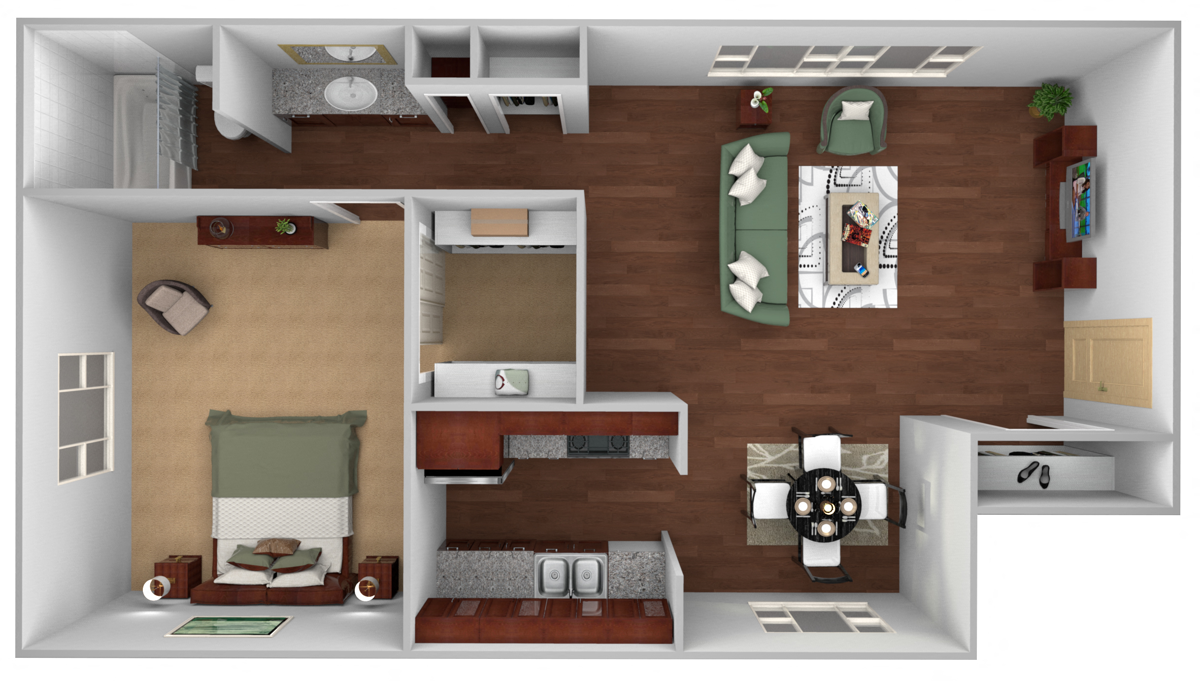 Floor plan for 1 bed, 1 bath, 700 sqft