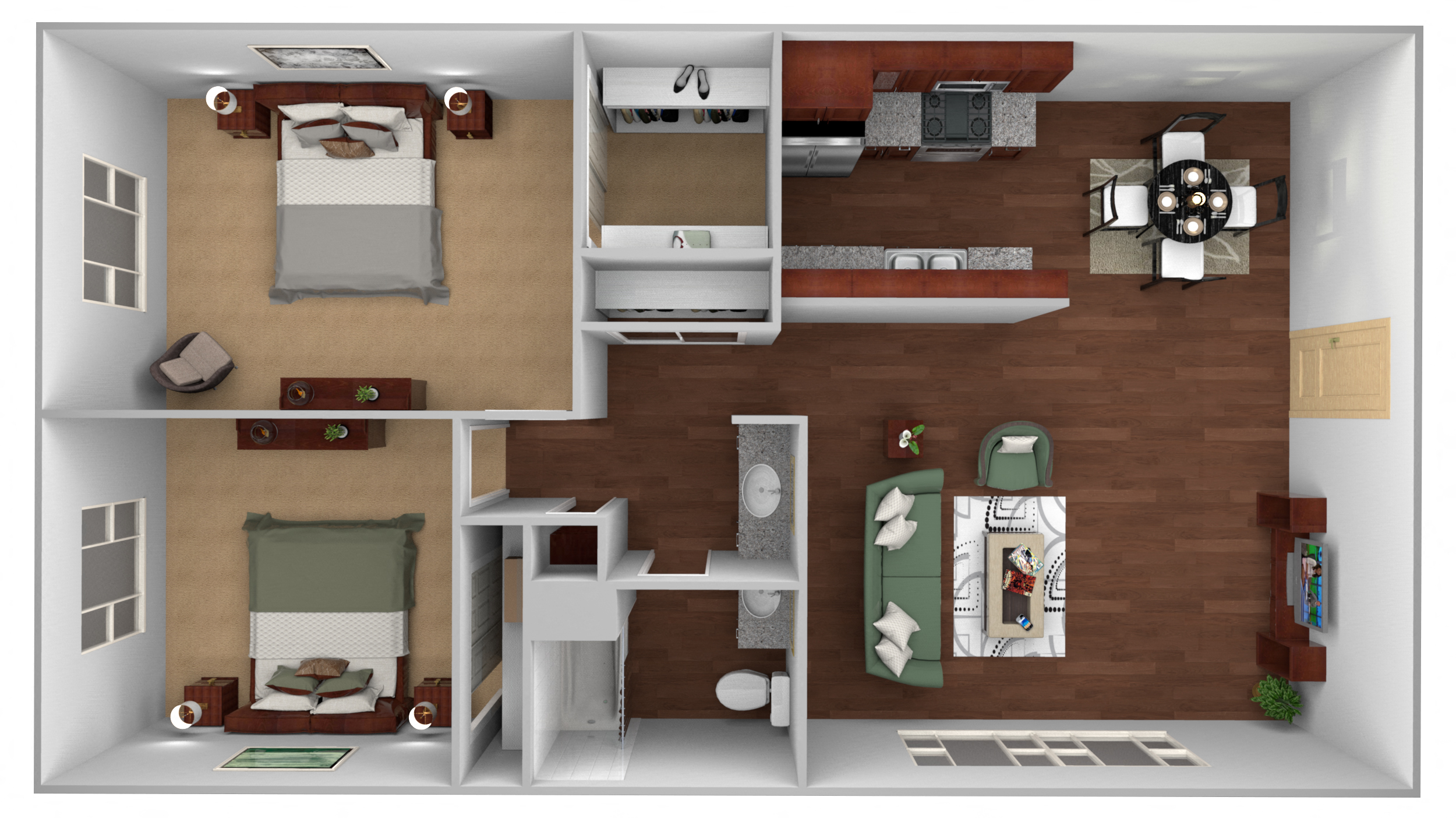 Floor plan for 2 beds, 1 bath, 950 sqft