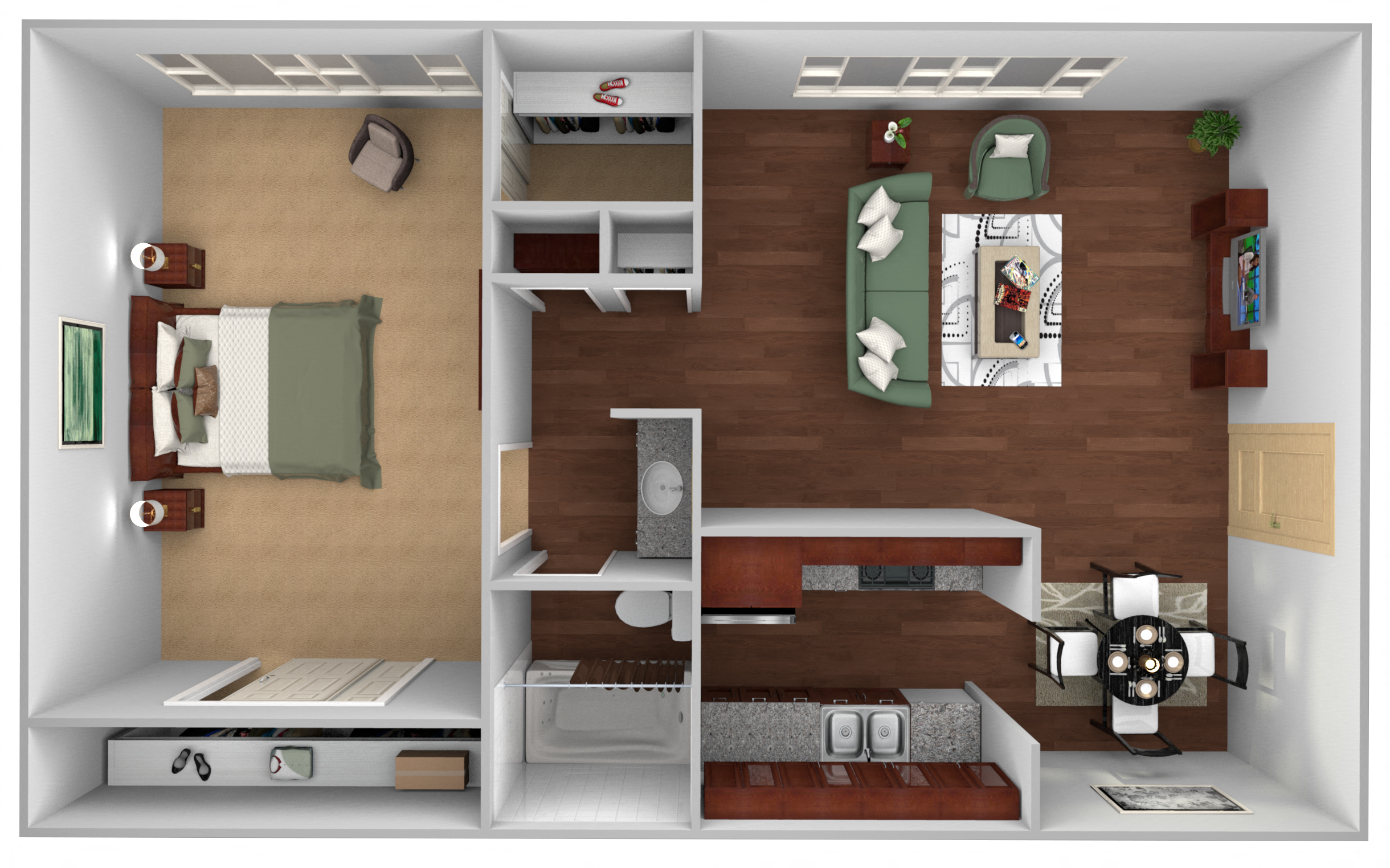 Floor plan for 1 bed, 1 bath, 715 sqft