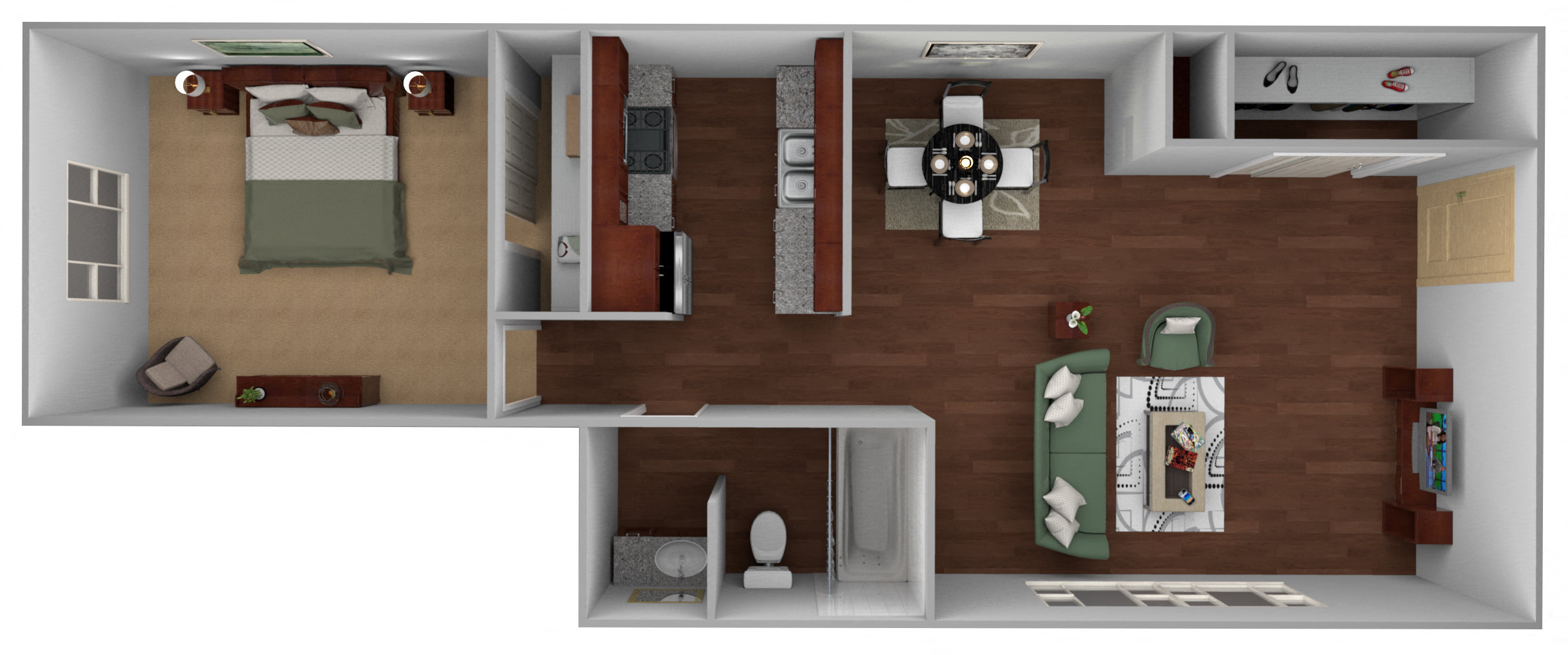 Floor plan for 1 bed, 1 bath, 630 sqft