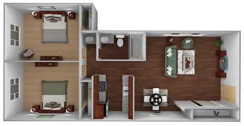 Floor plan for 2 beds, 1 bath, 775 sqft