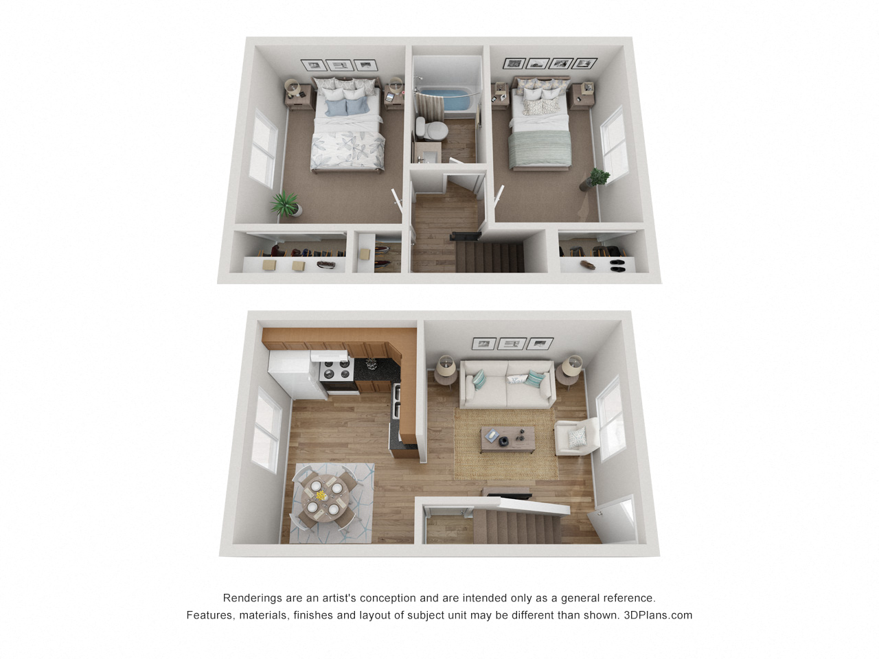 Floor plan for 2 beds, 1 bath, 833 sqft