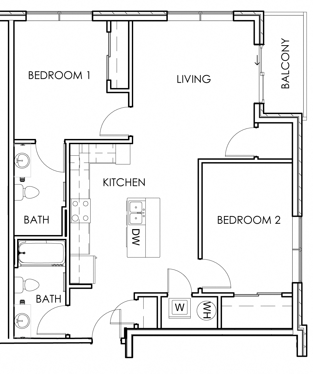 Floor plan for 2 beds, 2 baths, 897 sqft