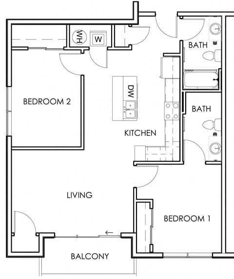 Floor plan for 2 beds, 2 baths, 905 sqft