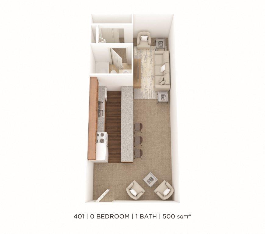 Floor plan for studio, 1 bath, 500 sqft