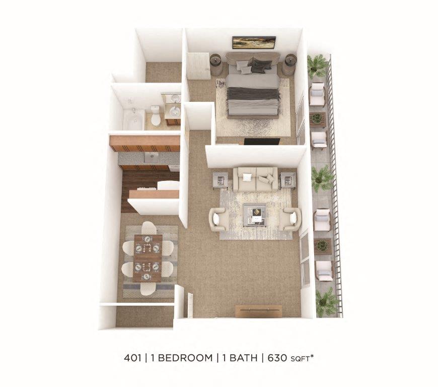 Floor plan for 1 bed, 1 bath, 630 sqft
